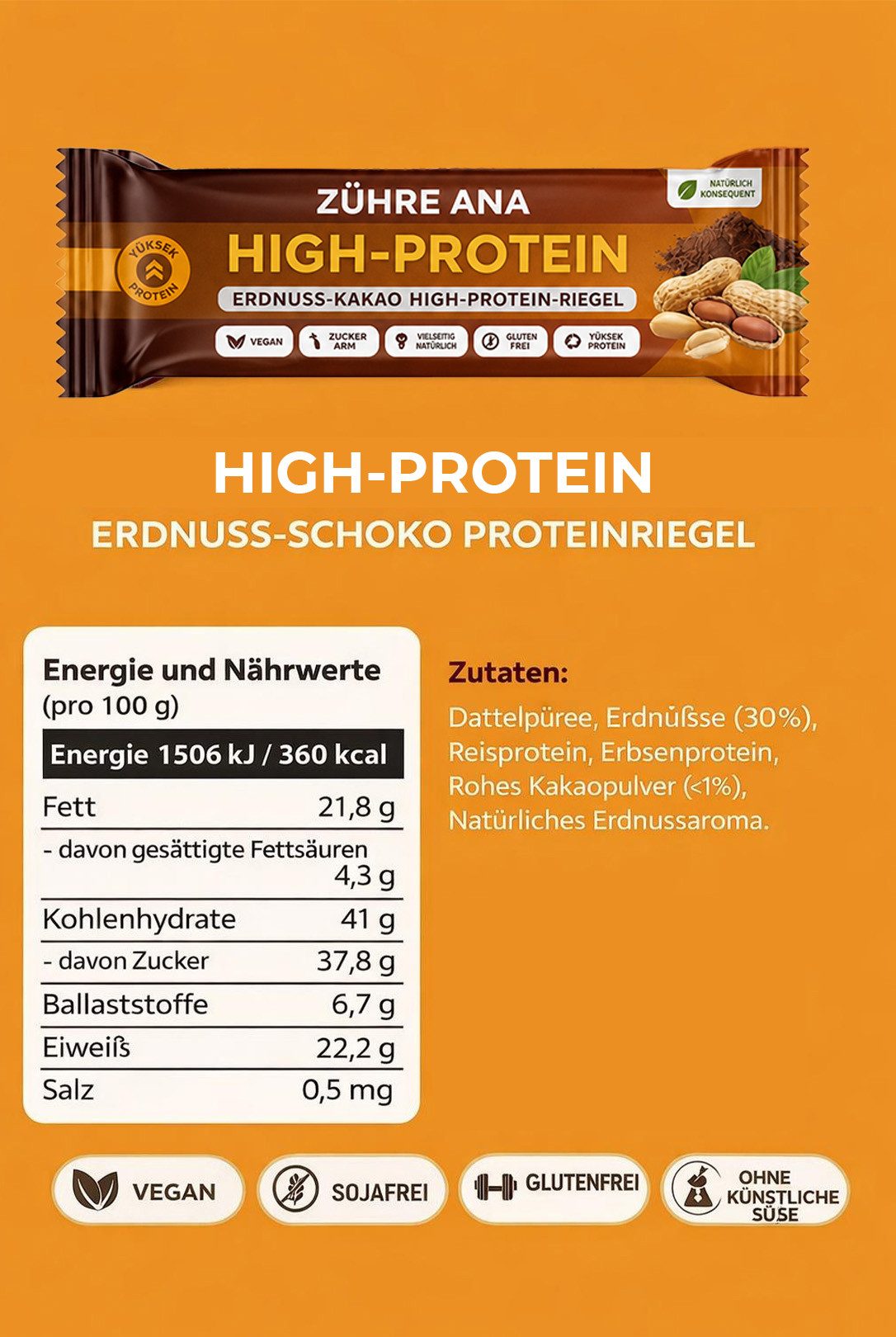 Zühre Ana® Riegel Erdnuss Kakao Proteinriegel 12x – Vegan, Glutenfrei, Zuckerfrei, 420 g, Proteinreicher, leckerer Snack, 35gr x 12 Stück