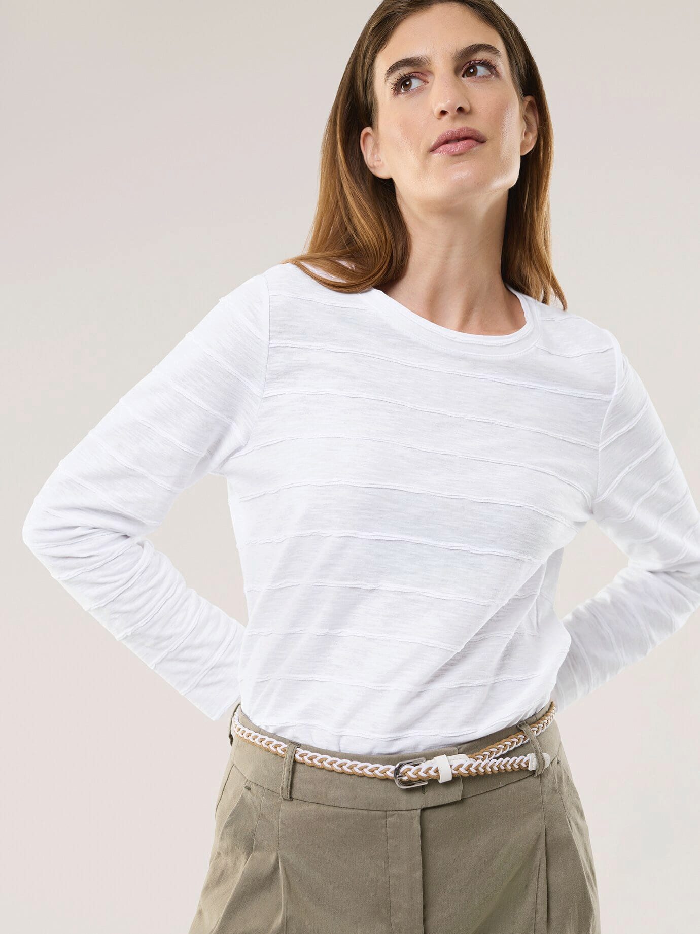 Walbusch Langarmshirt Damen Baumwollshirt Streifenstruktur LA Rundhals Langarm 100% Baumwolle, atmungsaktiv, pflegeleicht, komfortable Passform