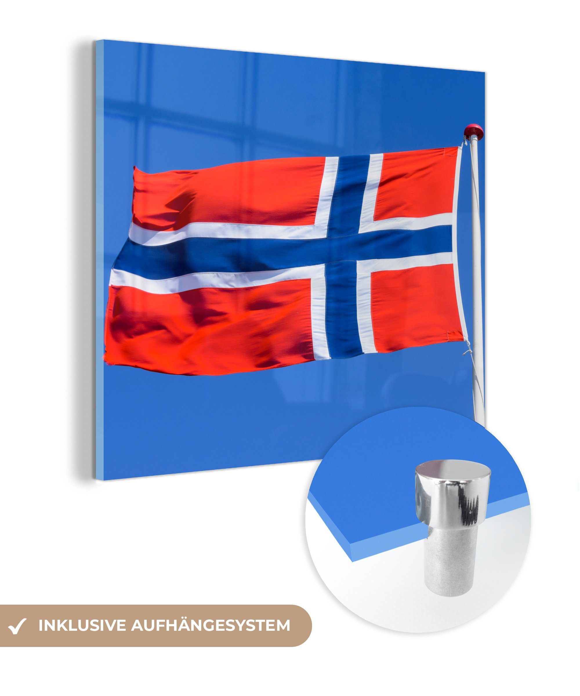 MuchoWow Acrylglasbild Norwegische Flagge am blauen Himmel, (1 St), Glasbilder - Bilder auf Glas Wandbild - Foto auf Glas - Wanddekoration | Bilder