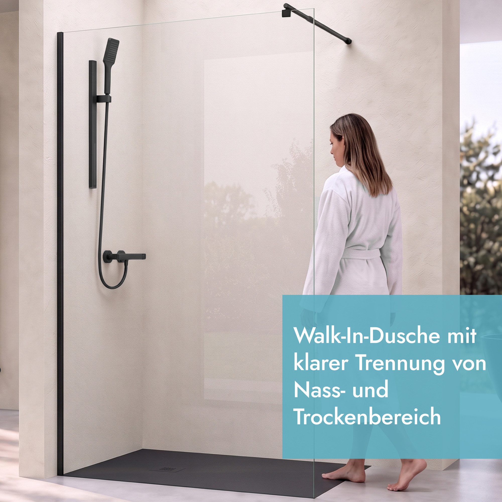 doporro Duschwand Duschwand Duschabtrennung in schwarz Profil mit Nano 8/10mm ESG Bremen, Einscheibensicherheitsglas – Bild 2 von 5