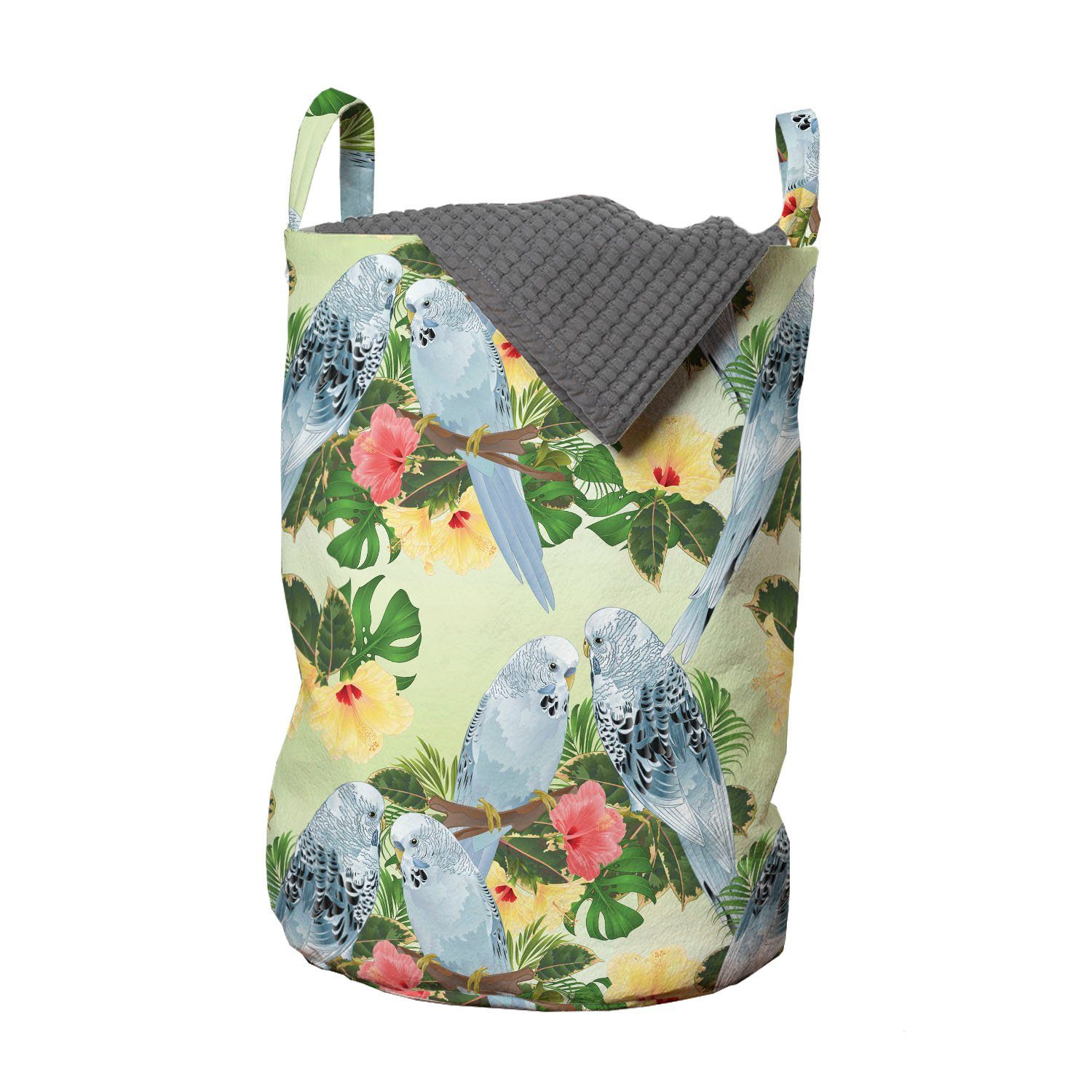 Abakuhaus Wäschesäckchen Wäschekorb mit Griffen Kordelzugverschluss für Waschsalons, Hibiskus Vögel Zusammensetzung Blätter