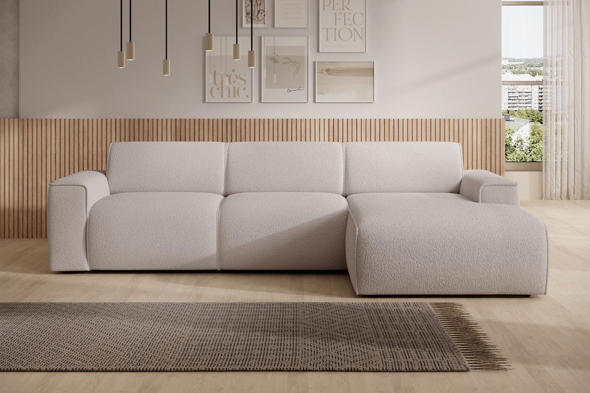 Selsey Ecksofa BOUVI, Eckcouch mit Ottomane rechts / links, Bouclé, 310 cm