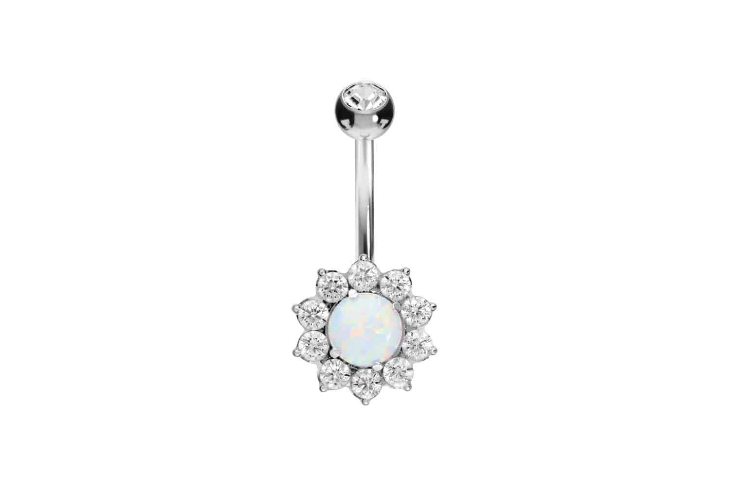 Bauchnabelpiercing Titan Bananabell mit Innengewinde KRISTALLBLUME + SYNTHETISCHER OPAL