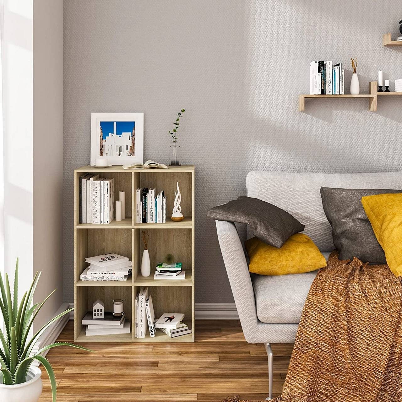 Woltu Bücherregal, 1-tlg., Würfelregal 6 Fächer aus MDF 60x30x89 cm Eiche