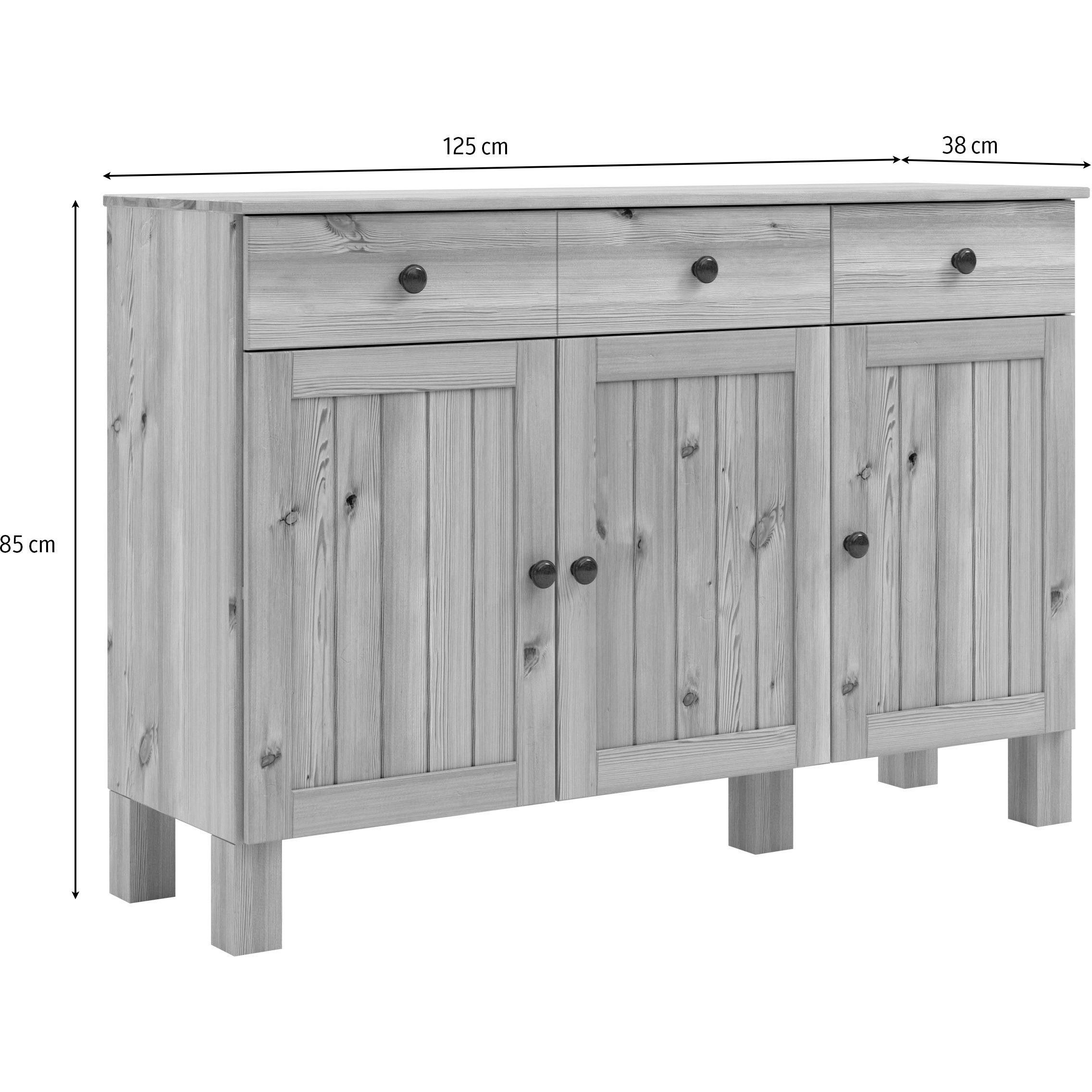 loft24 Sideboard Dorte, Anrichte, Mehrzweckschrank, 3 Türen, 2 Schubladen, Kiefer, Landhaus