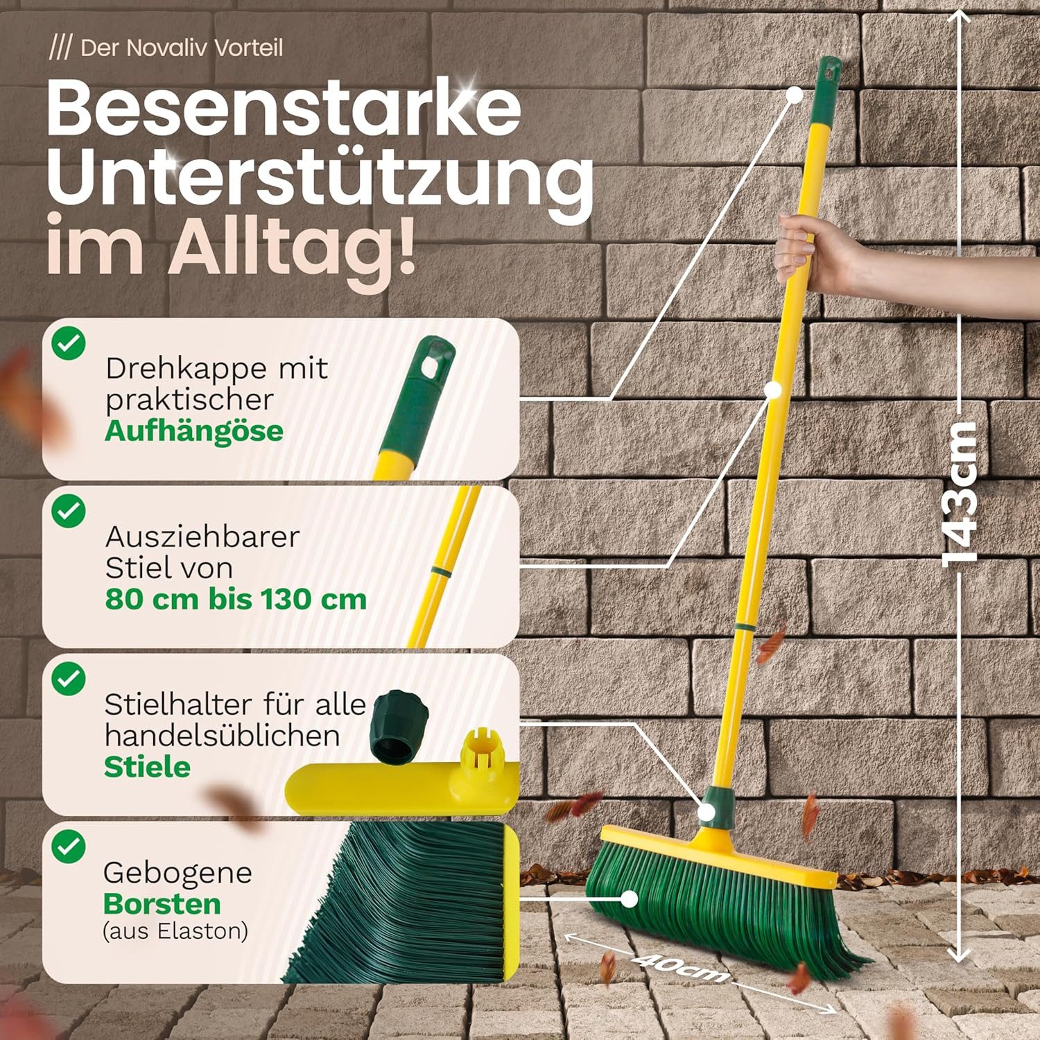 Novaliv Kehrgarnitur 5/355-1/2-0-19447-1xStuck, Krallenbesen Set 40 cm Kunststoff mit Teleskopstiel gebogenen Borsten