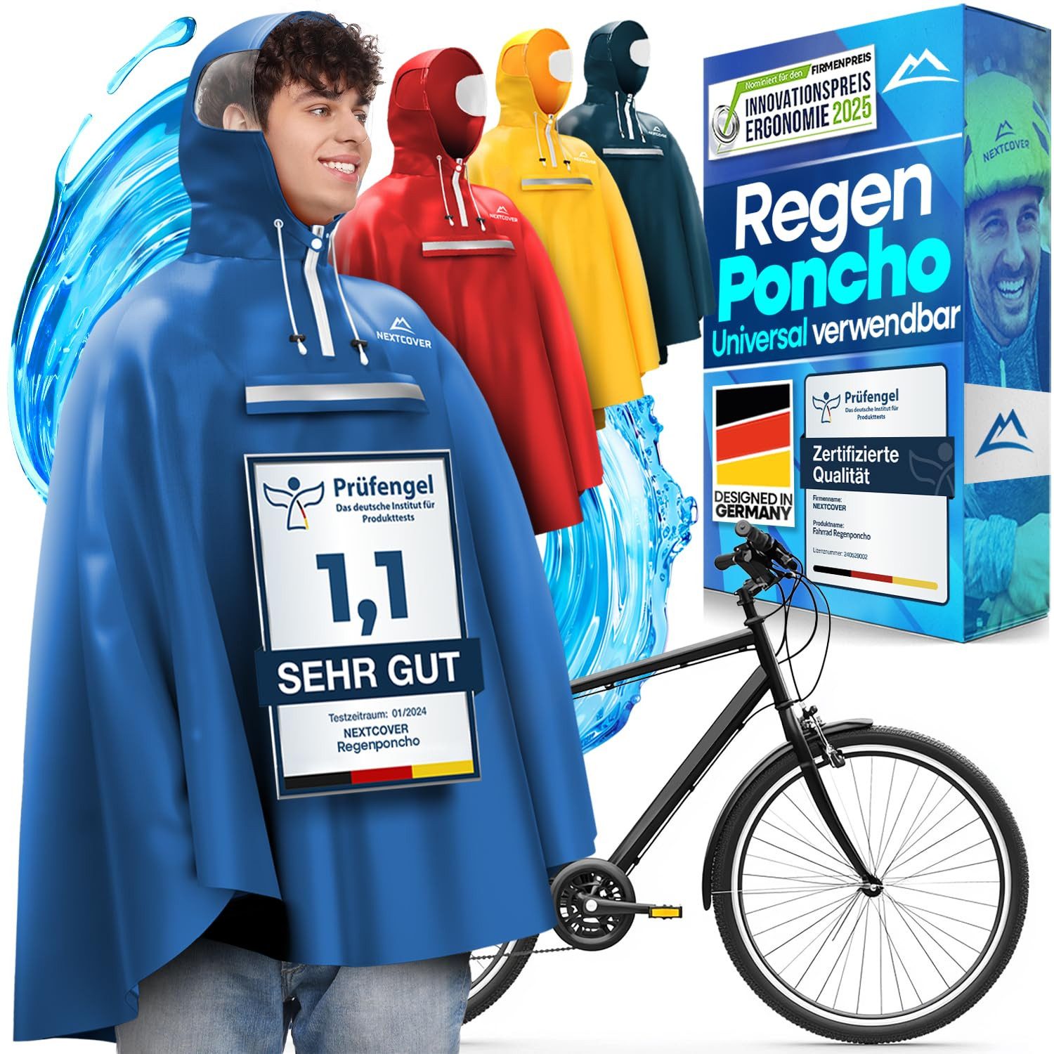 Nextcover Regenponcho Fahrrad für Damen & Herren - mit [AquaShield 2.0] Technologie (Regenponcho Wandern, Fahrrad-Regencape, Angel Poncho) Regencape für Damen und Herren