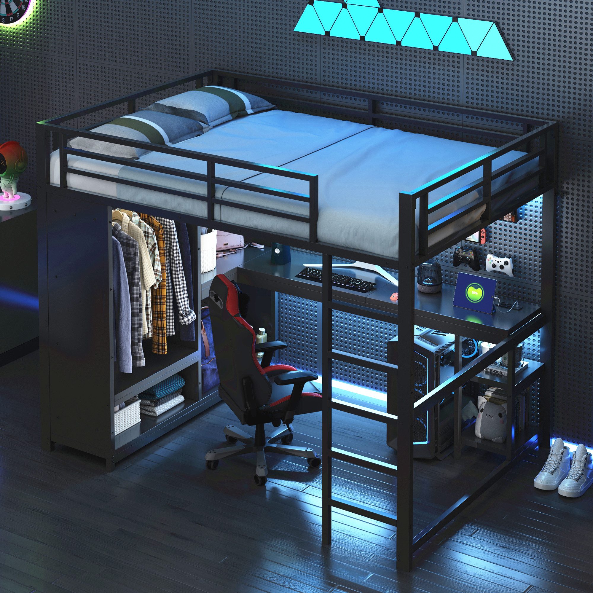 STILVORA Hochbett 140x200 mit Schreibtisch,Jugendbett mit LED,Kleiderschrank&Ablagefach (mit LED, Schreibtisch, Kleiderschrank und Stauraum – Platzsparendes Design)