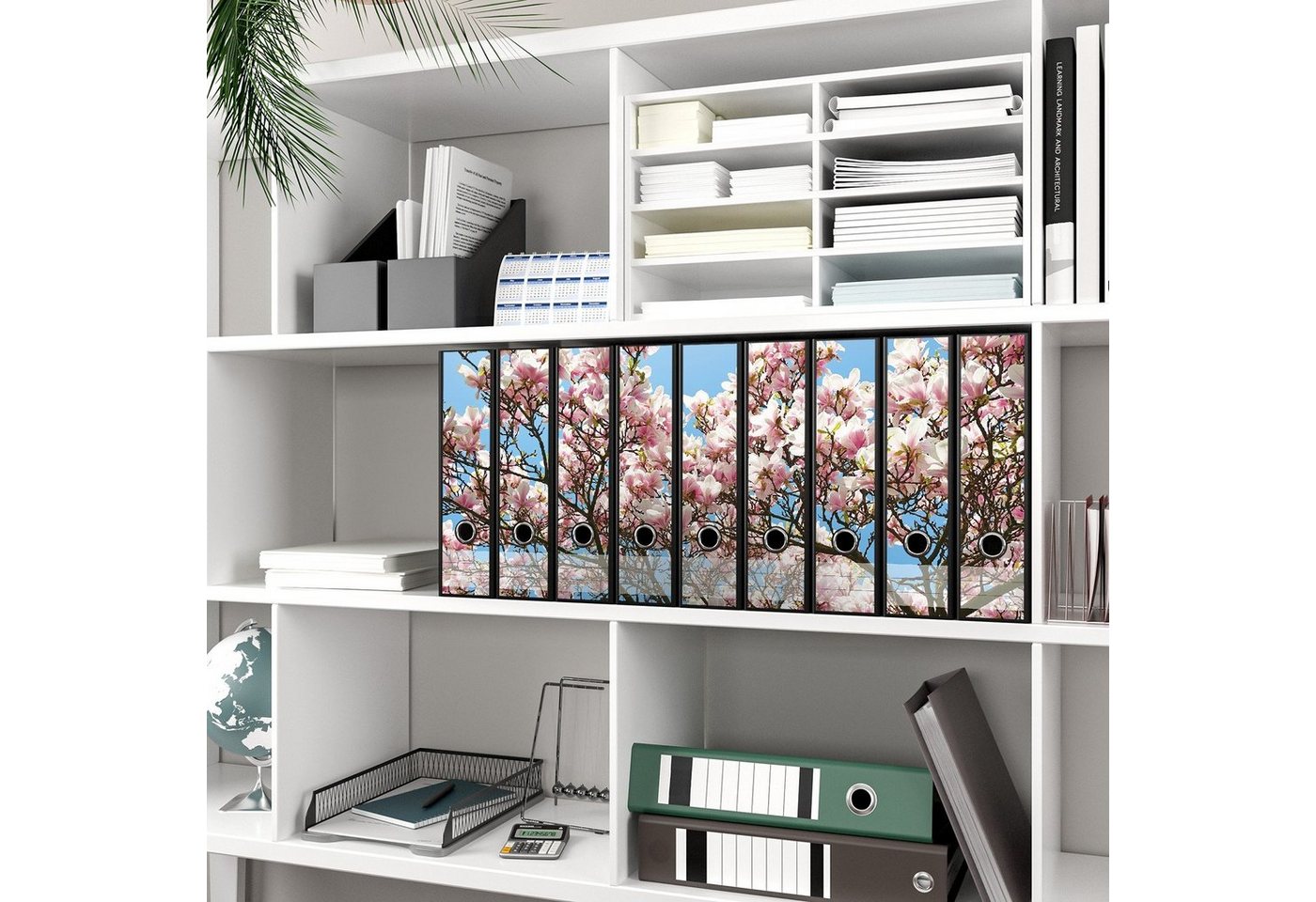 Thumbnail - Wallario Etiketten Schöne rosa Magnolien-Blüten vor blauem Himmel, Ordnerrücken-Sticker in verschiedenen Ausführungen