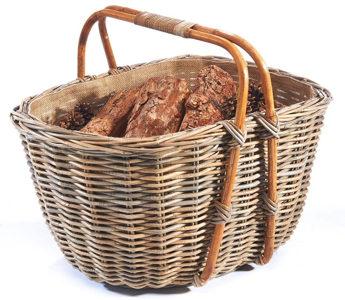 Kaminholzkorb Holzkorb aus kubu Rattan mit abnehmbarem Jutestoff