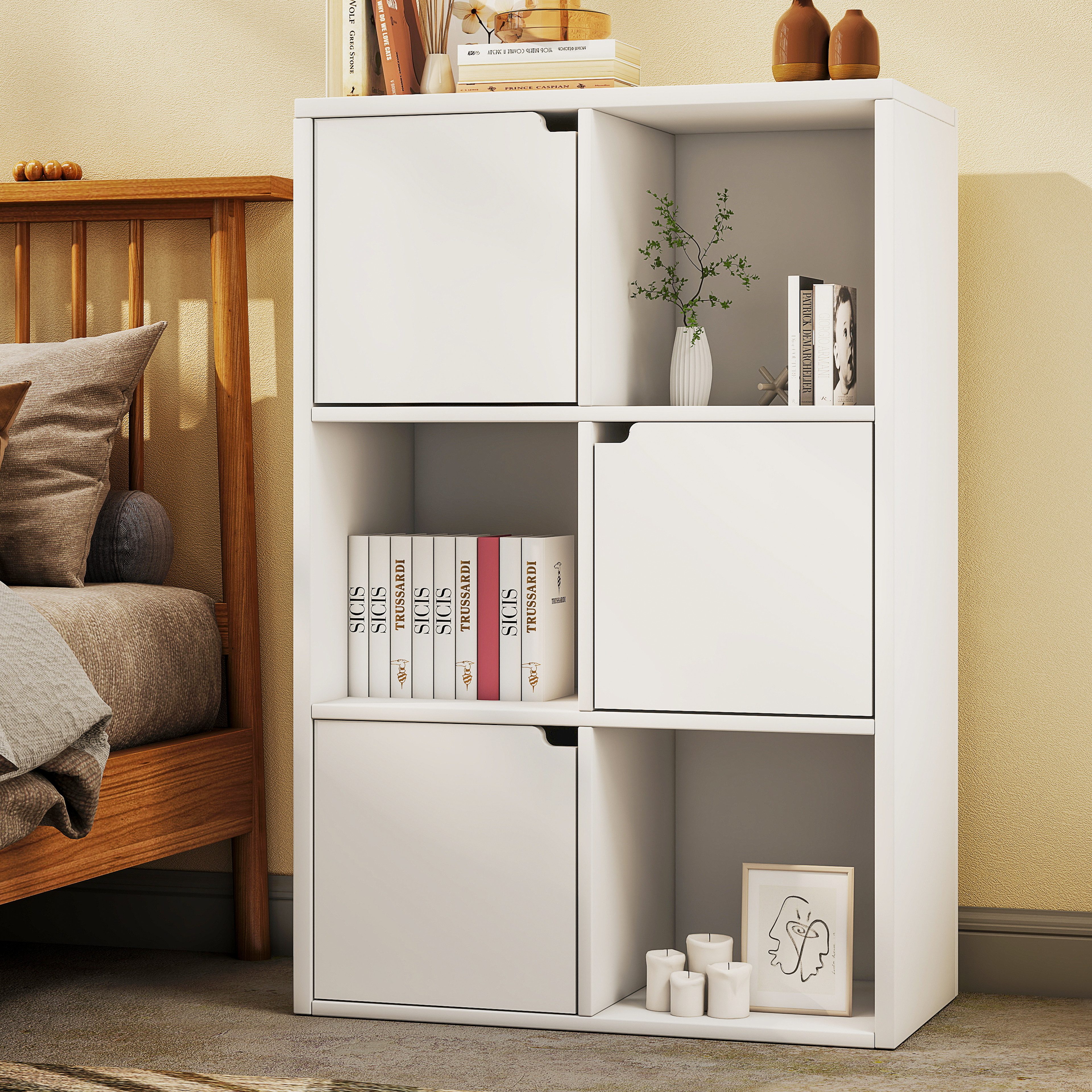 oyajia Bücherregal Bücherschrank Aufbewahrungsregal, Bücherregal, Würfelregal im modernen Design, 6 Fächer mit 3 Türen