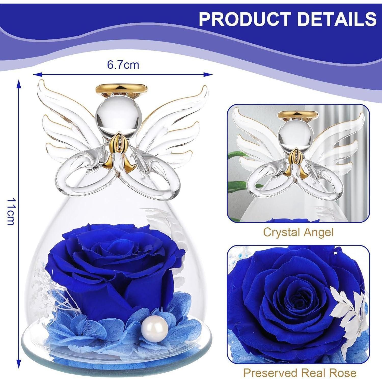 Trockenblume Ewige Rose Glaskuppel Engelsfigur Rosen Geschenk Mutter Oma Engel-blau, LuxusKollektion