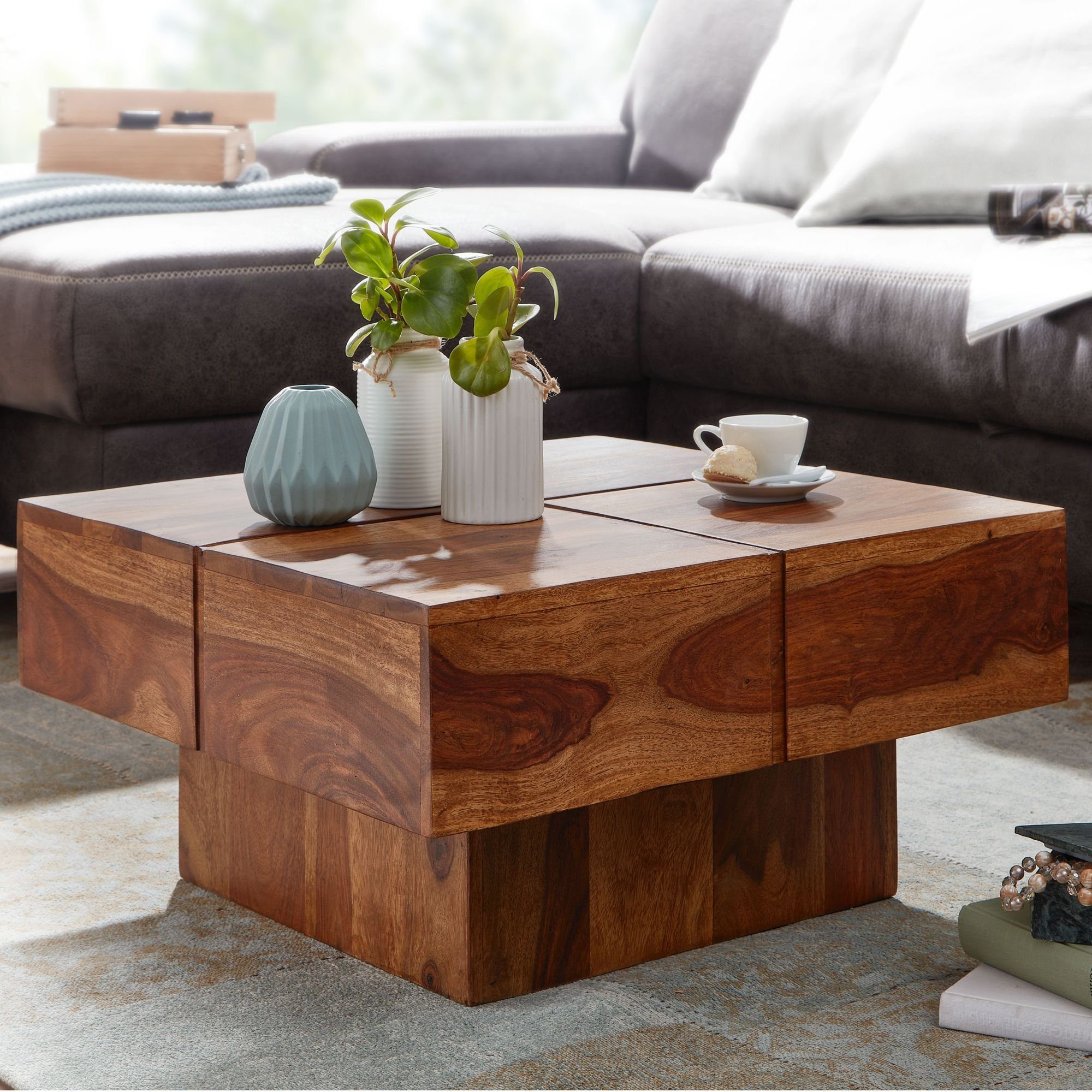 KADIMA DESIGN Couchtisch mit Design Sheesham Rillenmuster Kaffeetisch Modernes Massivholz –