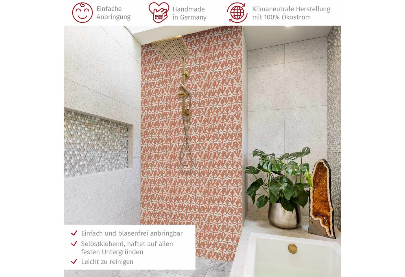 Thumbnail - Bilderdepot24 Badrückwand Vintage rot Duschrückwand ohne Bohren Dusche Muster, (1-tlg., Hart-Folie Premium matt 0,61 mm)...