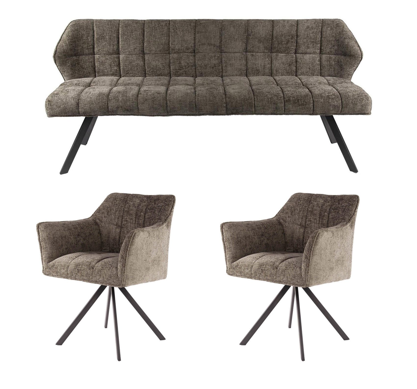 LEVEN Lifestyle Polsterbank RIGO Set Esstischbank + 2 Armlehnstühle weicher Chenille Stoff, Set 3 teilig - bestehend aus Sitzbank 180 cm und 2 Drehstühlen