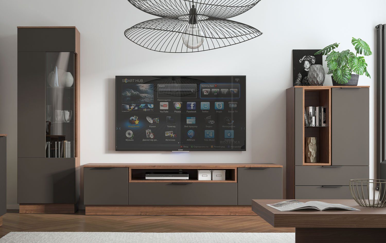 Feldmann-Wohnen Wohnwand Alicante, (Türen mit Soft-Close Funktion, Schubladen mit Teilauszug, 1x Standvitrine, 1x Lowboard, 1x Highboard), 336cm walnussfarben / schwarzgrau 3-teilig