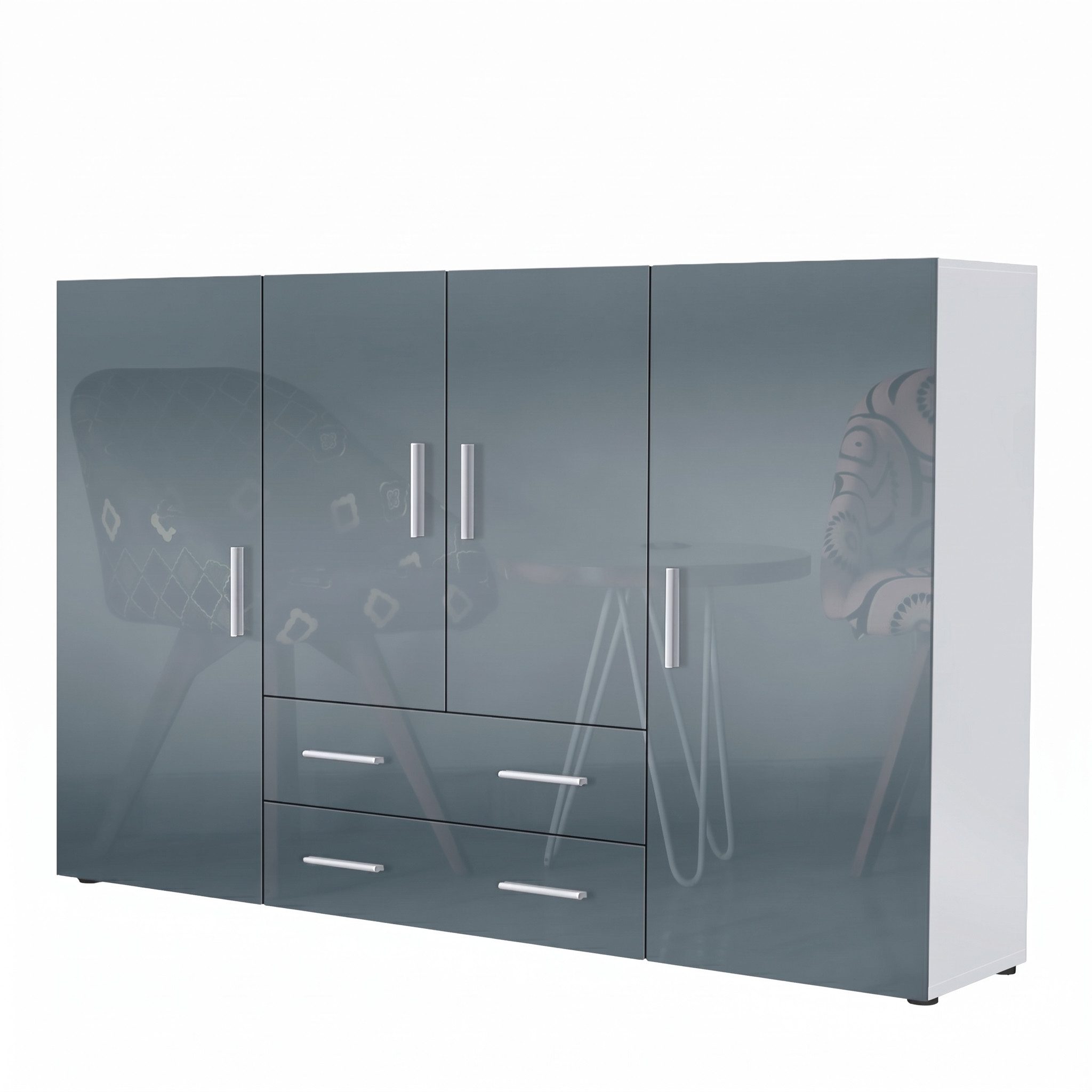 Vladon Highboard Nora (Anrichte mit 2 Schubladen, und 4 Türen mit insgesamt 8 Fächer dahinter), Weiß matt/Grau Hochglanz (166,5 x 106,5 x 35 cm)