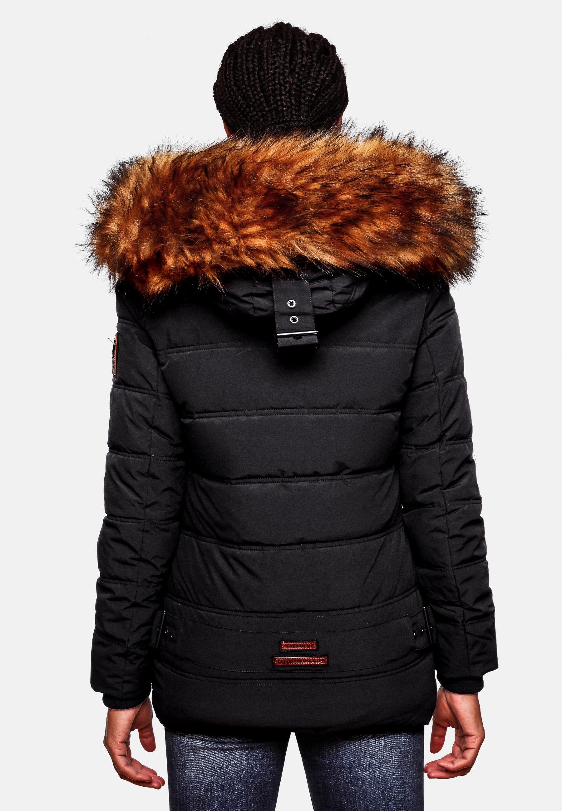 Navahoo Winterjacke Zoja schwarz Kapuze Steppjacke mit stylische Kunstpelz