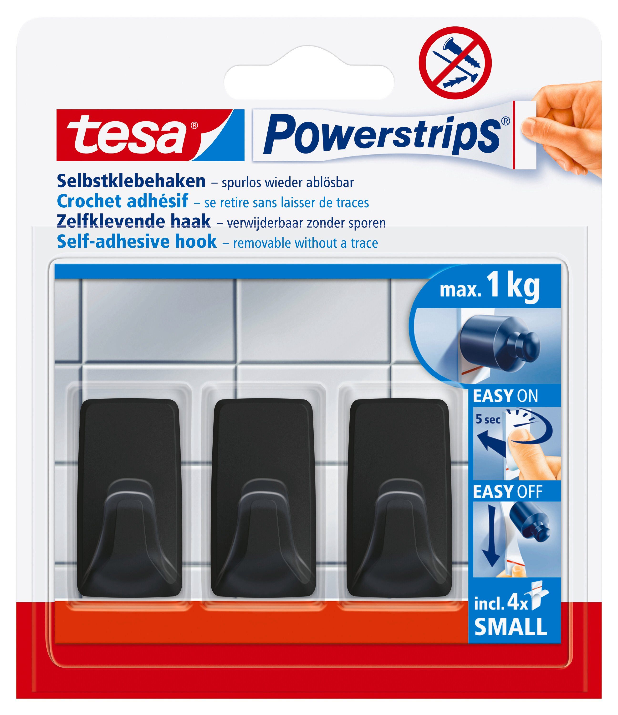 tesa Klebehaken Powerstrips Wandhaken, Kacheln, auf ohne Small Eckig mehr 7-St., x Kunststoff Small Bohren Klebestreifen), 4 - Klebehaken Wandmontage inkl. selbstklebende und Glas, (Packung, Powerstrips