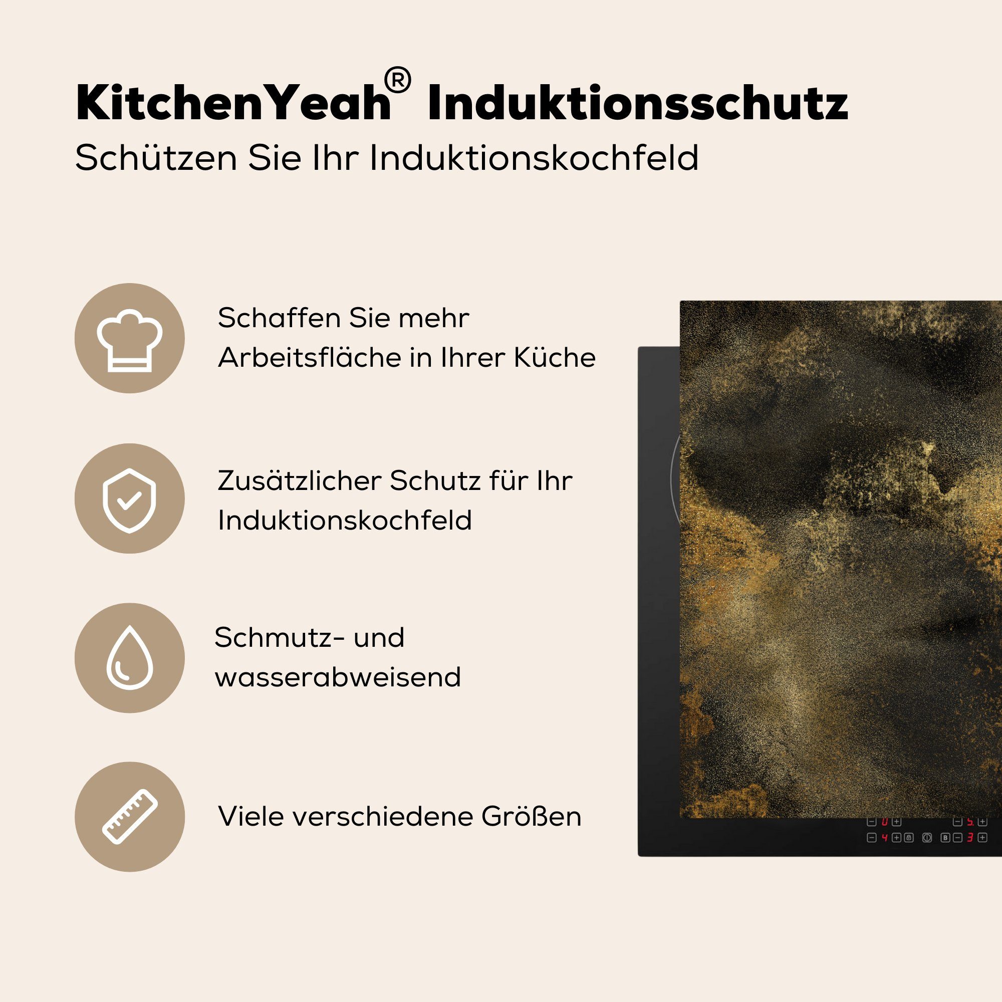 Arbeitsplatte Schwarz küche Vinyl, Abstrakt, für (1 MuchoWow - cm, - Gold 78x78 Ceranfeldabdeckung, Herdblende-/Abdeckplatte tlg),