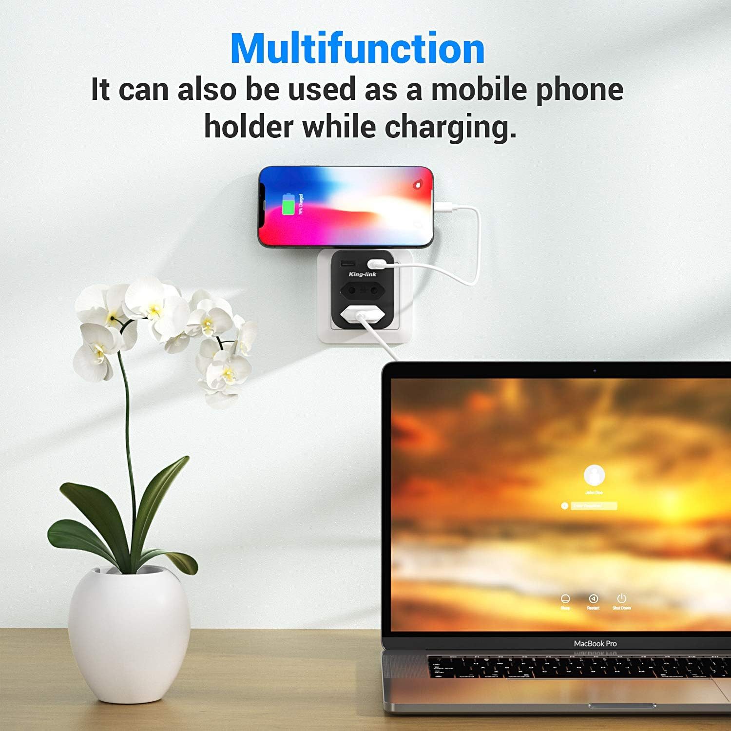 LA CUTE Doppelstecker 4-in-1 Mehrfachsteckdose USB 4000W Adapter Schwarz Mehrfachsteckdose 4-fach (2x Euro-Steckplätze (Typ C/EF), 2x USB-A Ports (5V/2,4A), Fla – Bild 4 von 5