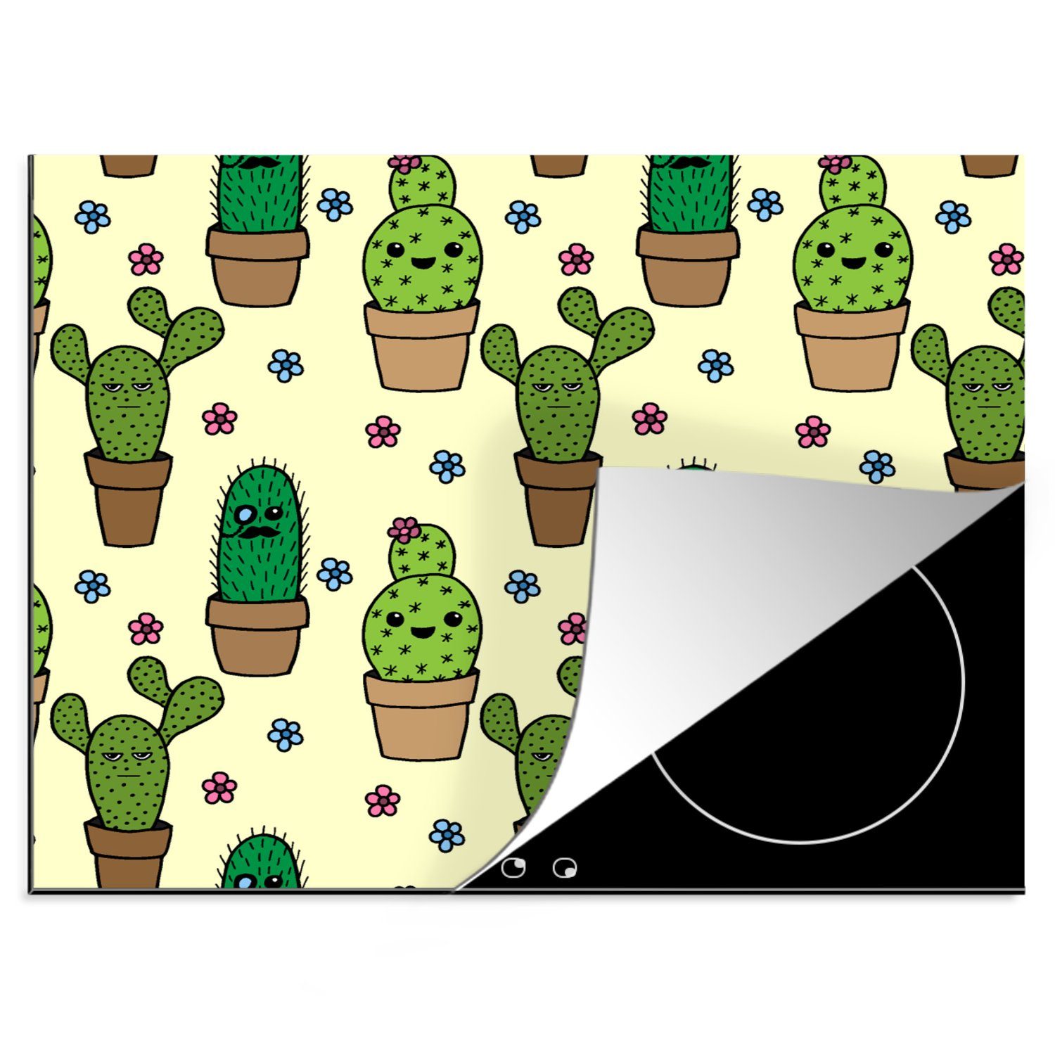 MuchoWow Herdblende-/Abdeckplatte Muster - Kaktus - Blumen, Vinyl, (1 tlg), 60x52 cm, Mobile Arbeitsfläche nutzbar, Ceranfeldabdeckung