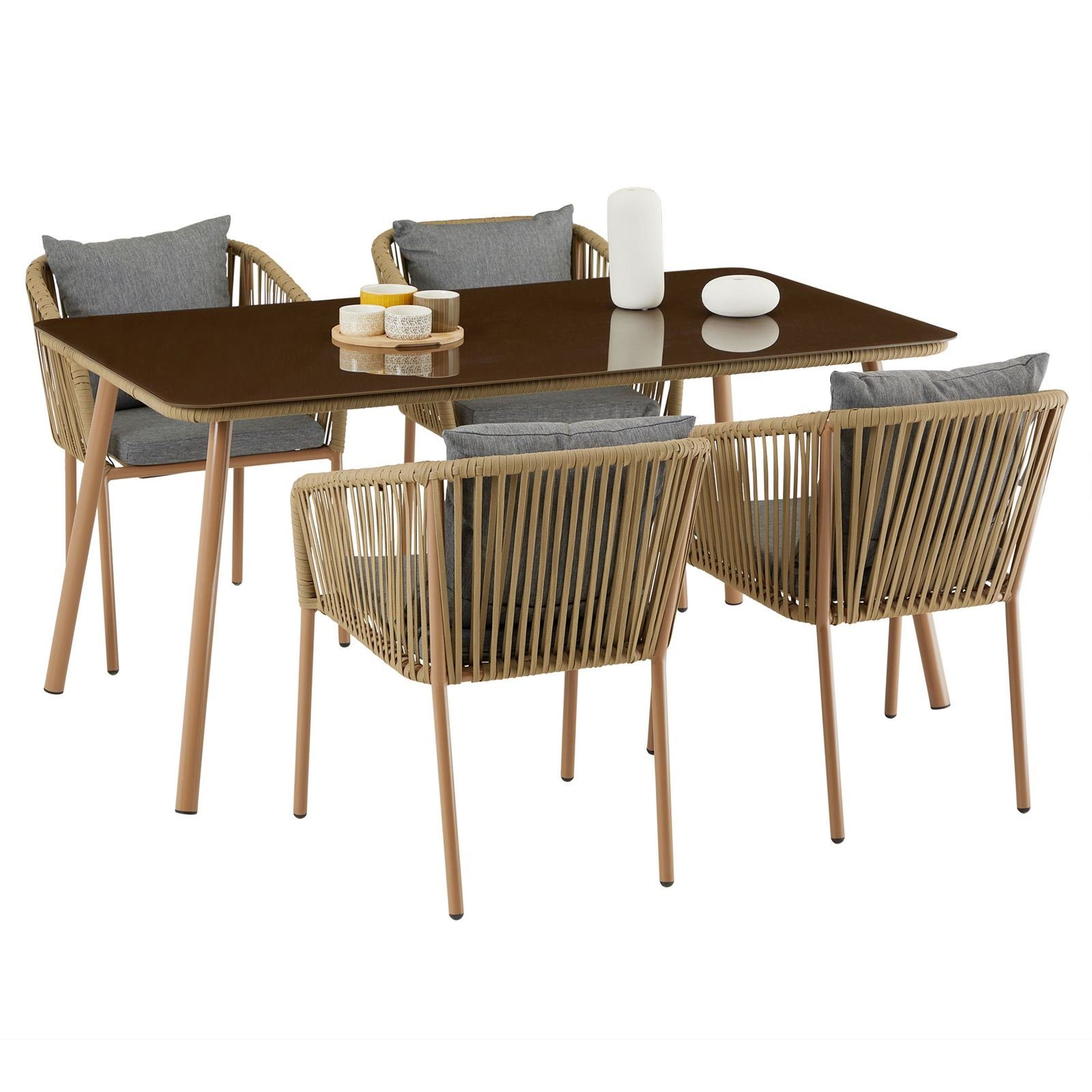 CARO-Möbel Gartenlounge-Set CAPO, Gartenmöbel Set beige/grau 1 Esstisch und 4 Stühle aus Alu mit Seilbes