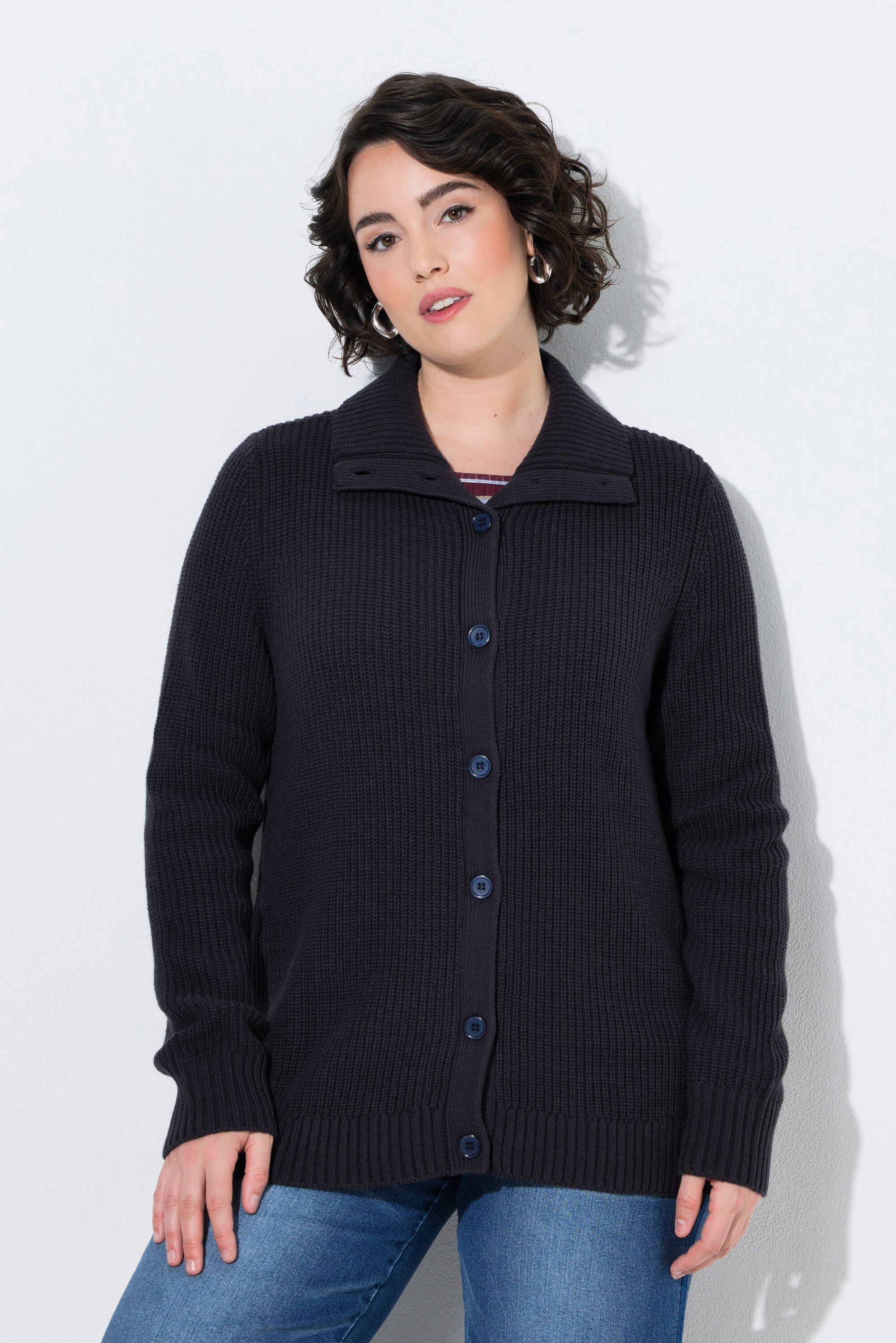 Ulla Popken Strickjacke Strickjacke Rippstrick Hemdkragen Langarm