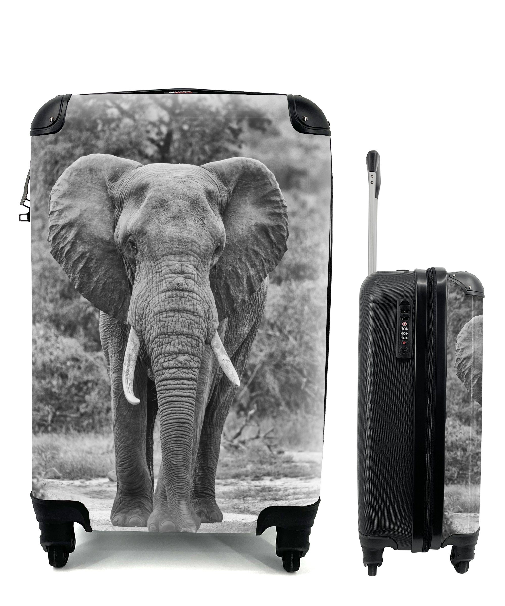 MuchoWow Handgepäckkoffer Elefant schwarz und weiß zentriert, 4 Rollen, Reisetasche mit rollen, Handgepäck für Ferien, Trolley, Reisekoffer
