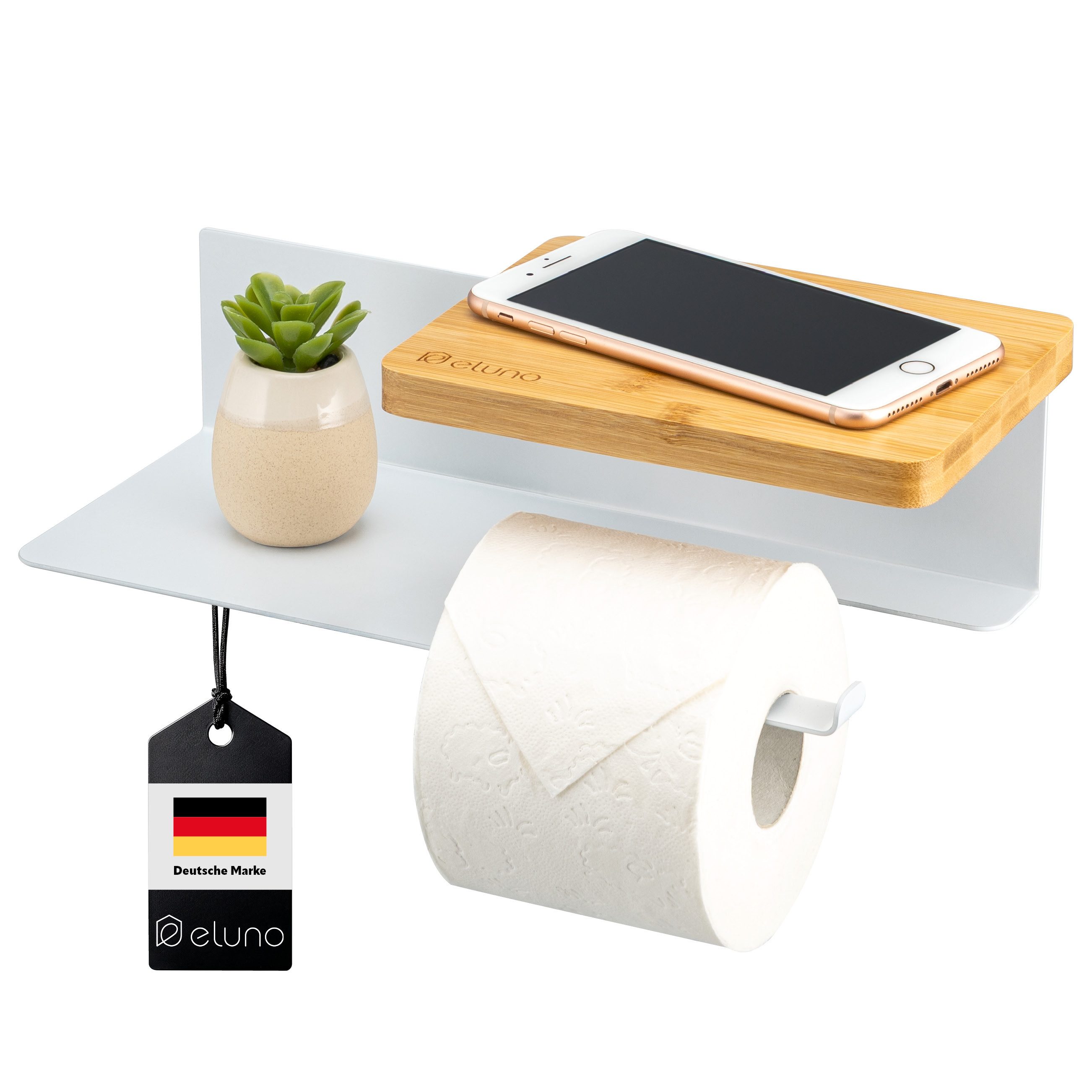 eluno Toilettenpapierhalter VARAZ mit 2 Ablagen aus Metall und Bambus, weiß