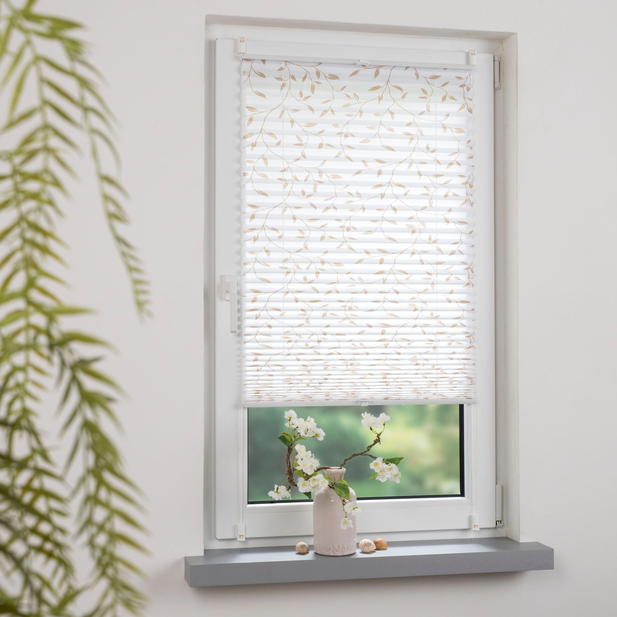 Liedeco Plissee Klemmfix-Plissee verspannt, Druck Blätter, blickdicht, ohne Bohren, verspannt, Klemmfix, Bedrucktes Plissee mit Blattmotiv