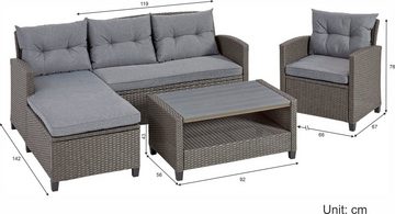 KONIFERA Gartenlounge-Set Cordoba, (Set, 11-tlg., 2x Bank, 1x Sessel, 1x Tisch 90x55x43cm, inkl. Auflagen), Polyratten, Stahl, Tischplatte aus Nonwood, geeignet für 4 Personen