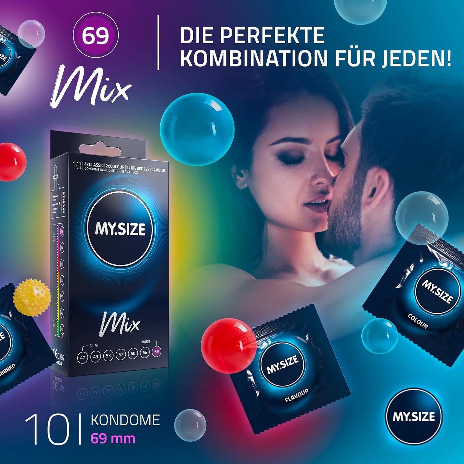 MY.SIZE Kondome Mix, gemischte Kondome in individueller Passform, blaue, rote mit Erdbeeraroma, gerippt, classic