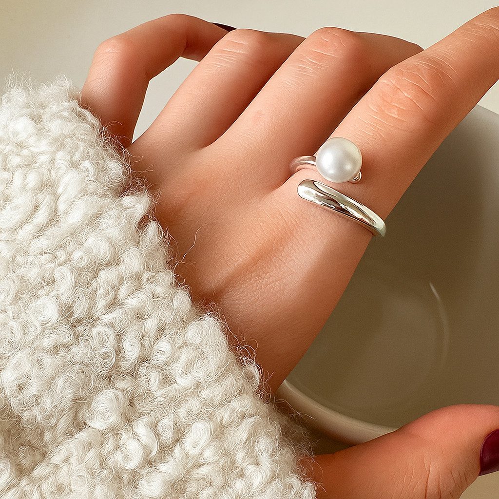 Runde Perlé Perlenring Damenring 925 Sterling Silber mit natürlicher Süßwasserperle, handgefertigter, größenverstellbarer Perlenring (Geschenkverpackung)