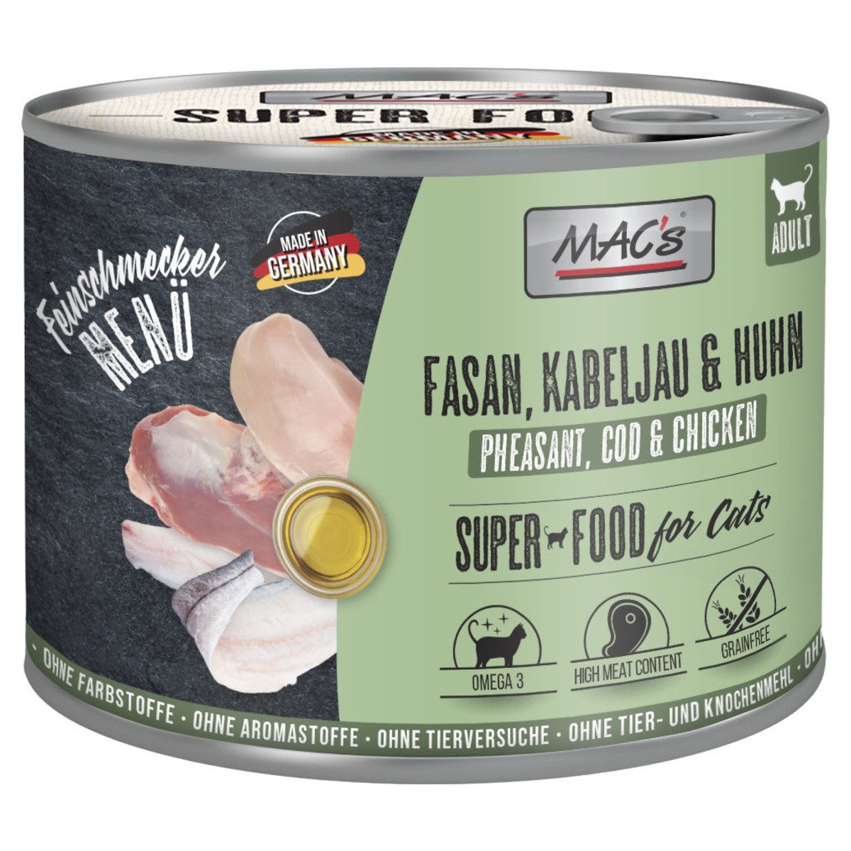 MAC'S Feinschmecker Fasan & Weißfisch mit Huhn 200 g - 6 Stück, Nassfutter für: Katze