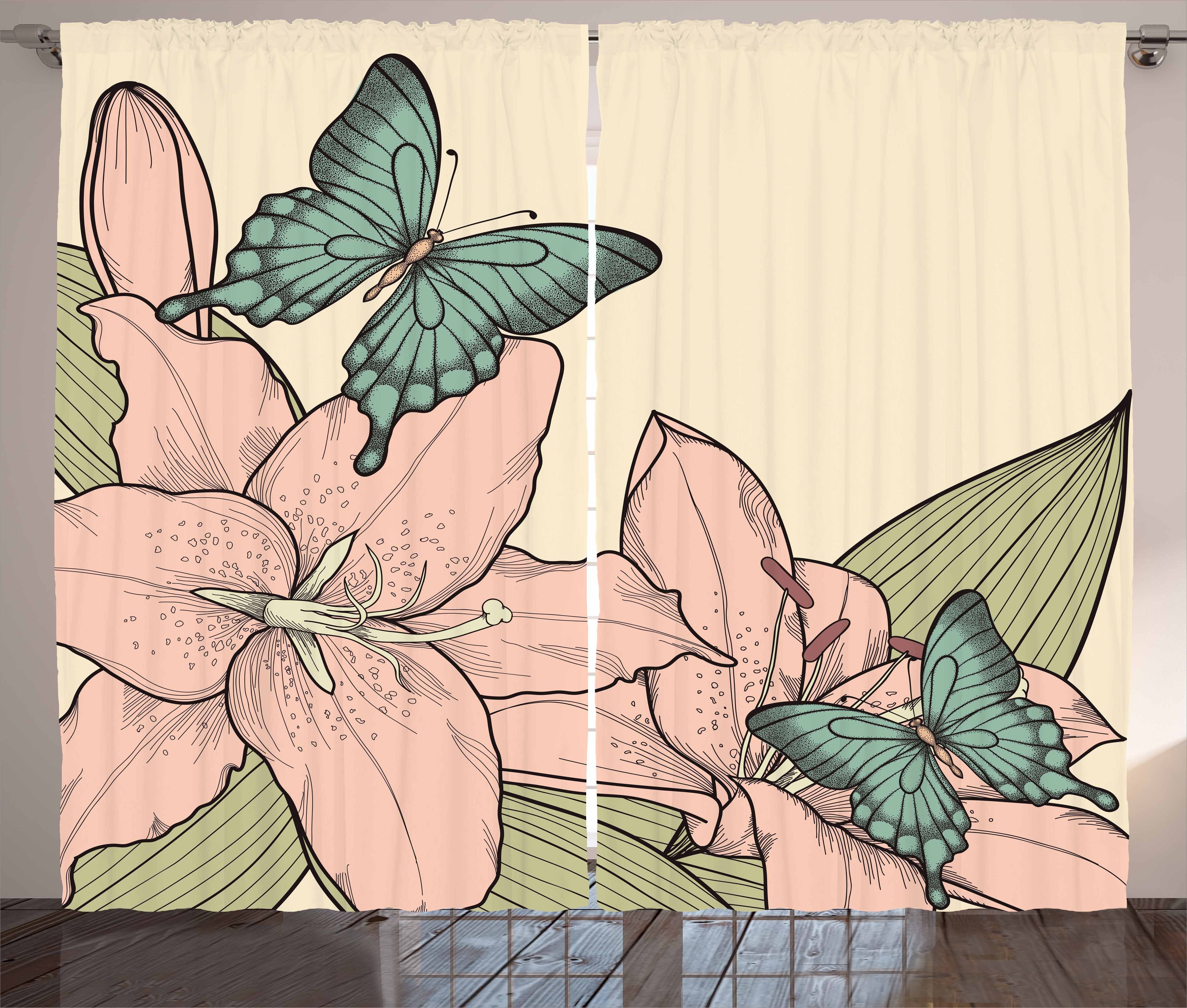 Gardine Schlafzimmer Kräuselband Vorhang mit Schlaufen und Haken, Abakuhaus, Frühling Schmetterlinge und Lilien