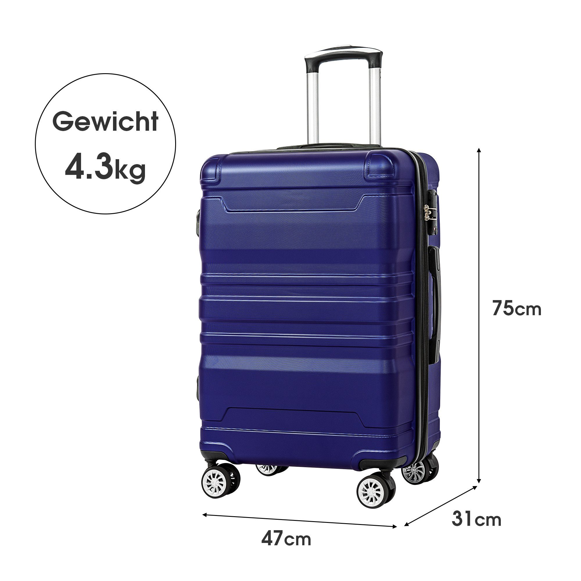 Schwarz Celya Universalrad, und Koffer blau Seitengriff, 47x31x75cm, Hartschalen-Handgepäck, Handgepäck-Trolley TSA-Schloss Erweiterbar, mit