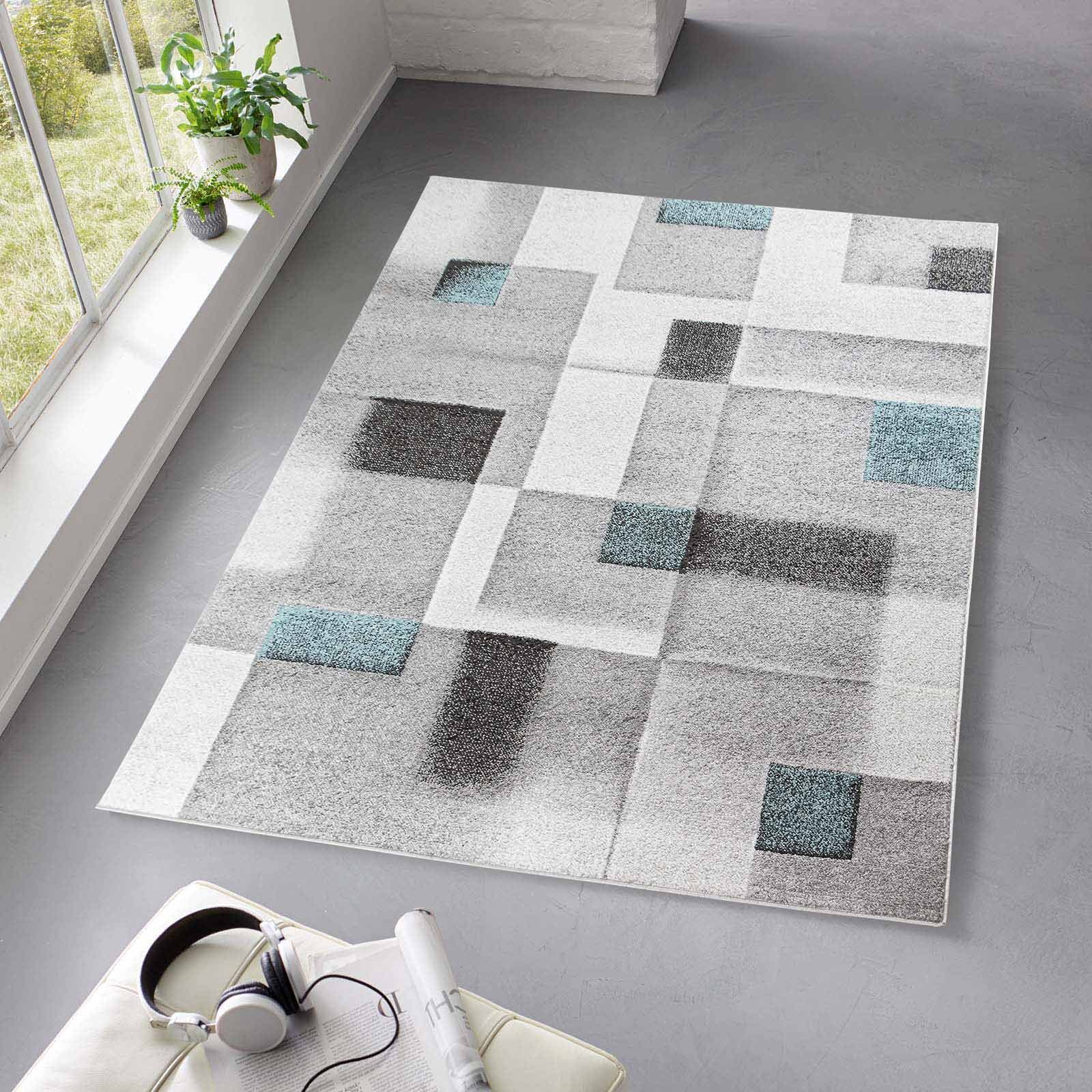 Teppich Moderner Designerteppich TC-Fashion 6114 Karos in grau, beige und blau, TaraCarpet, rechteckig, Höhe: 12 mm, Kurzflor Karos blau grau Wohnzimmer Schlafzimmer Kinderzimmer 080x140