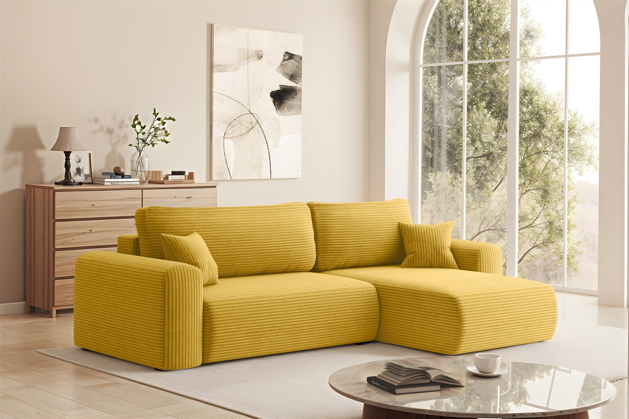Fun Möbel Ecksofa Ecksofa Schlafsofa FUN TIERNO in Stoff, mit Bettkasten und 2 x Zierkissen, Ottomane Links oder Rechts
