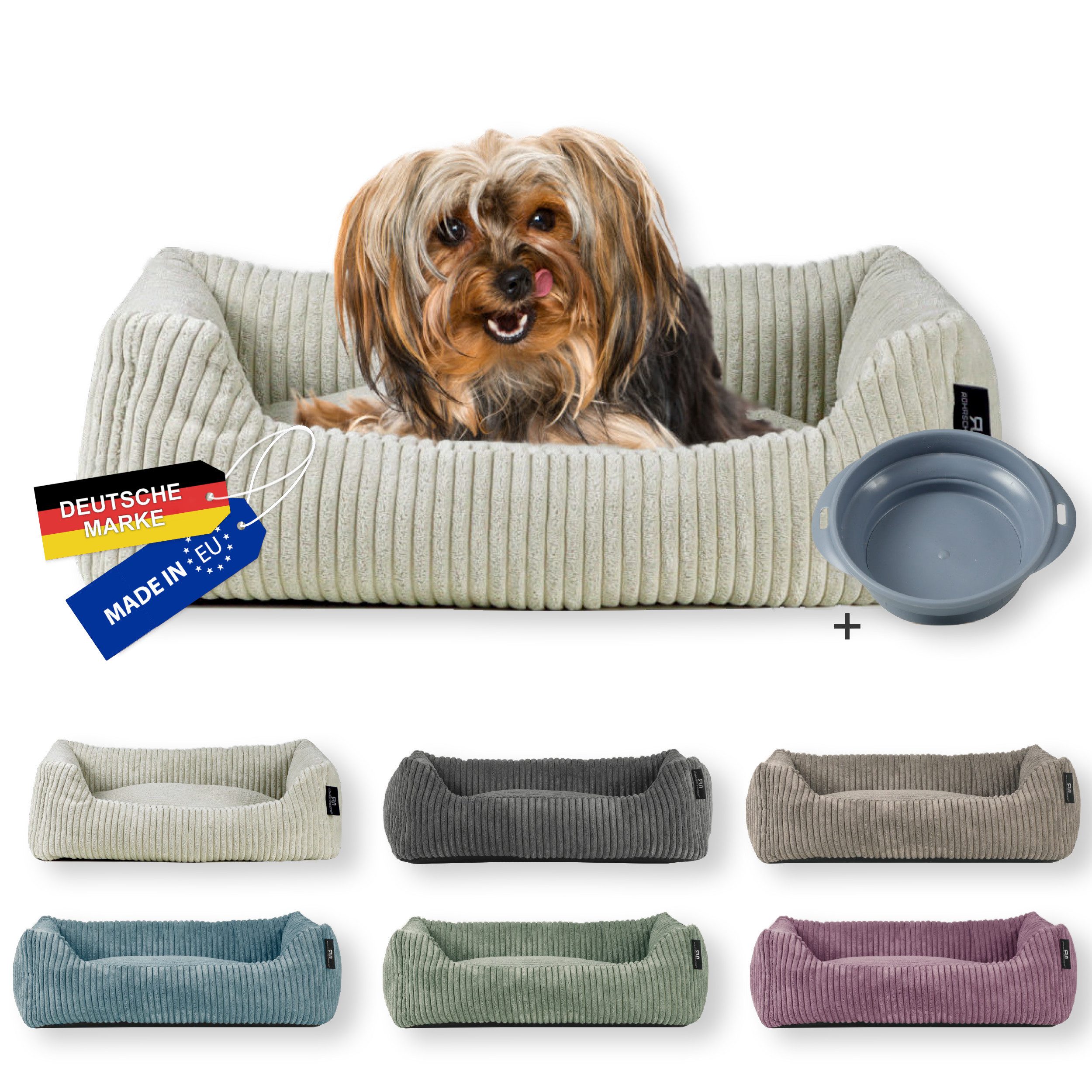 Rohrschneider Tierbett Hundebett Cord für kleine Hunde mit waschbarem Bezug inkl. Futternapf, antiruschbeschichtete Unterseite