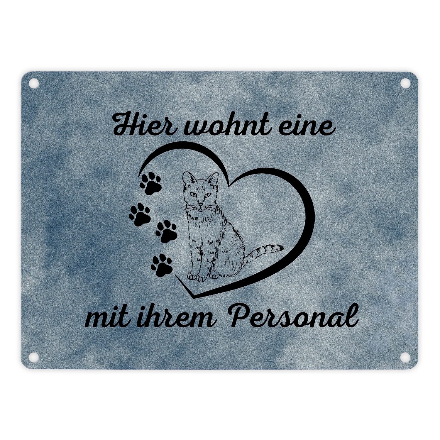 speecheese Metallschild Hier wohnt eine Katze mit ihrem Personal Metallschild in 15x20 cm