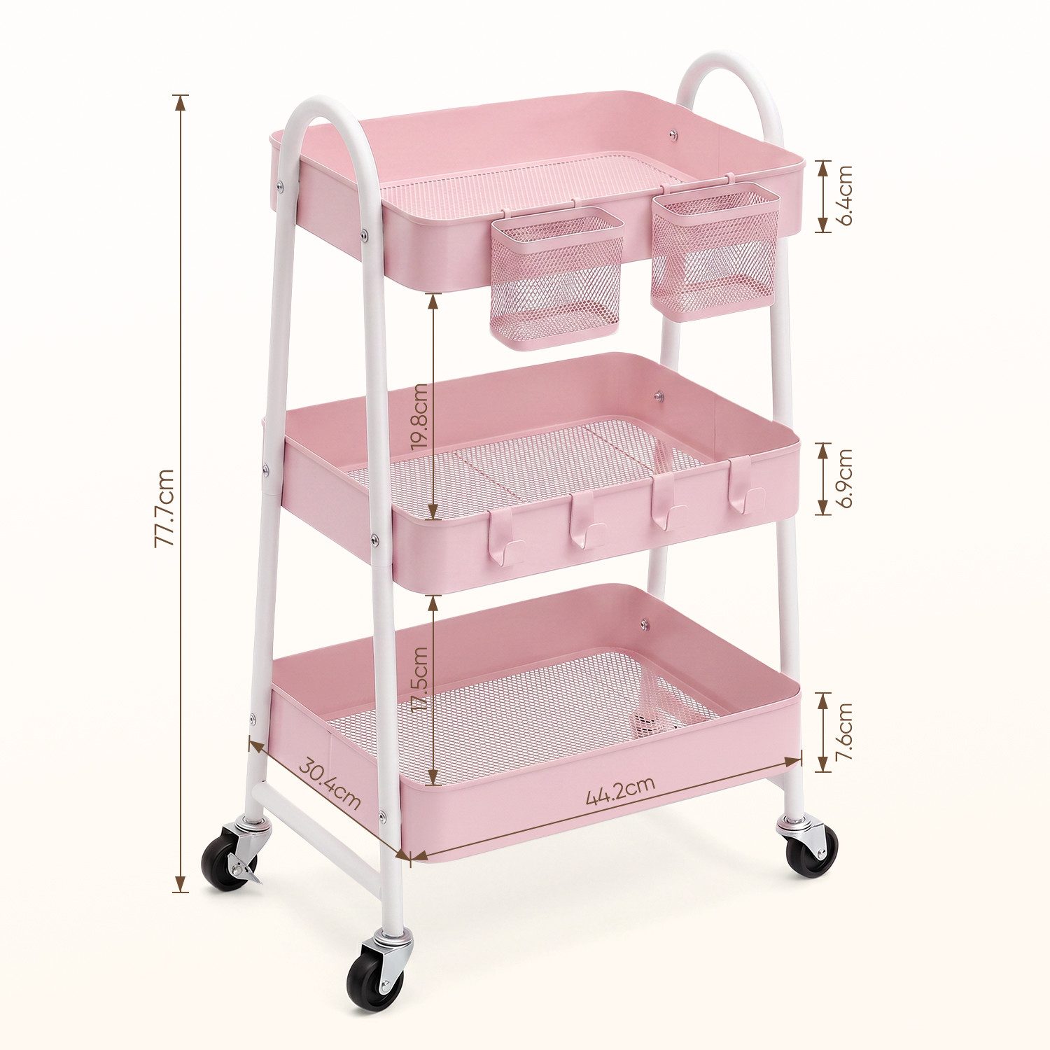 Sekey Rollwagen Küche 30 cm Breit Servierwagen mit Rollen Metall, 2 Körben & 4 Haken, Rosa, Küchenwagen aus Metall, 31 x 44 x 78 cm