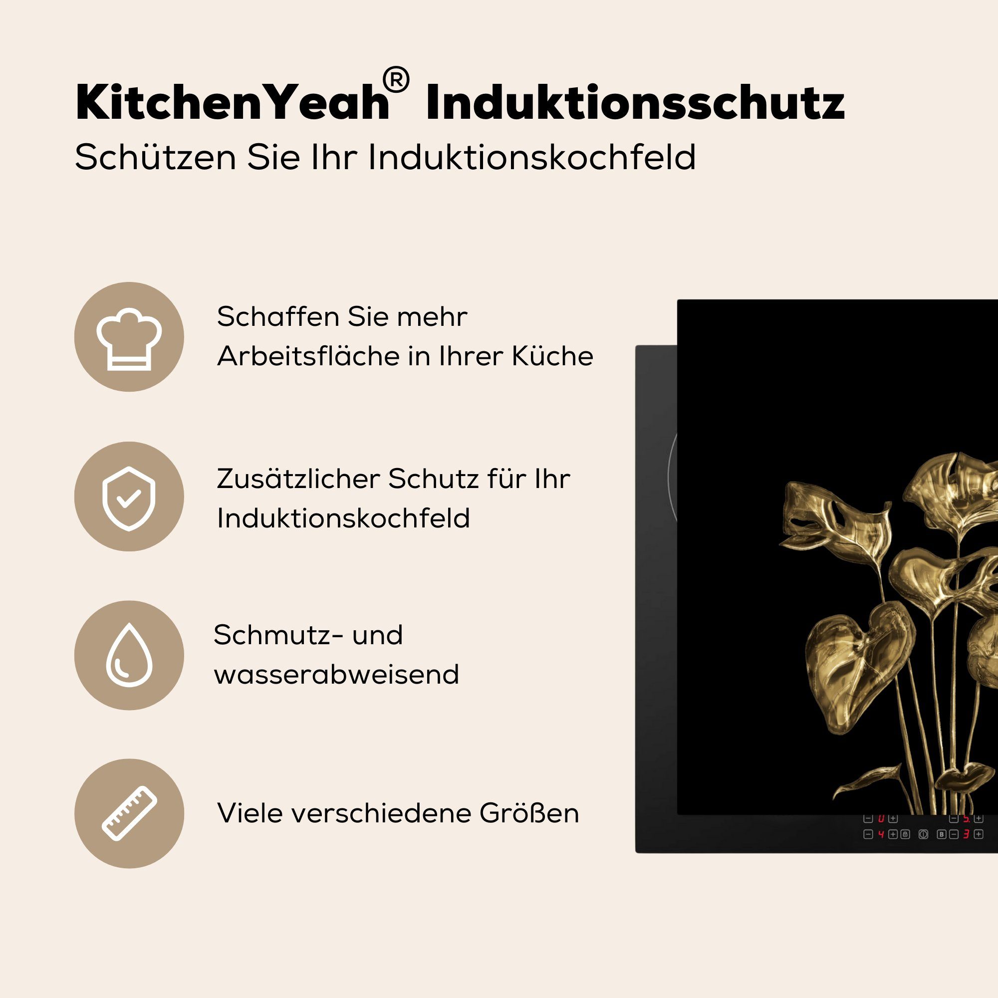 Arbeitsplatte Pflanzen, Blätter für MuchoWow cm, 78x78 - Herdblende-/Abdeckplatte Gold küche Ceranfeldabdeckung, (1 tlg), - Vinyl,