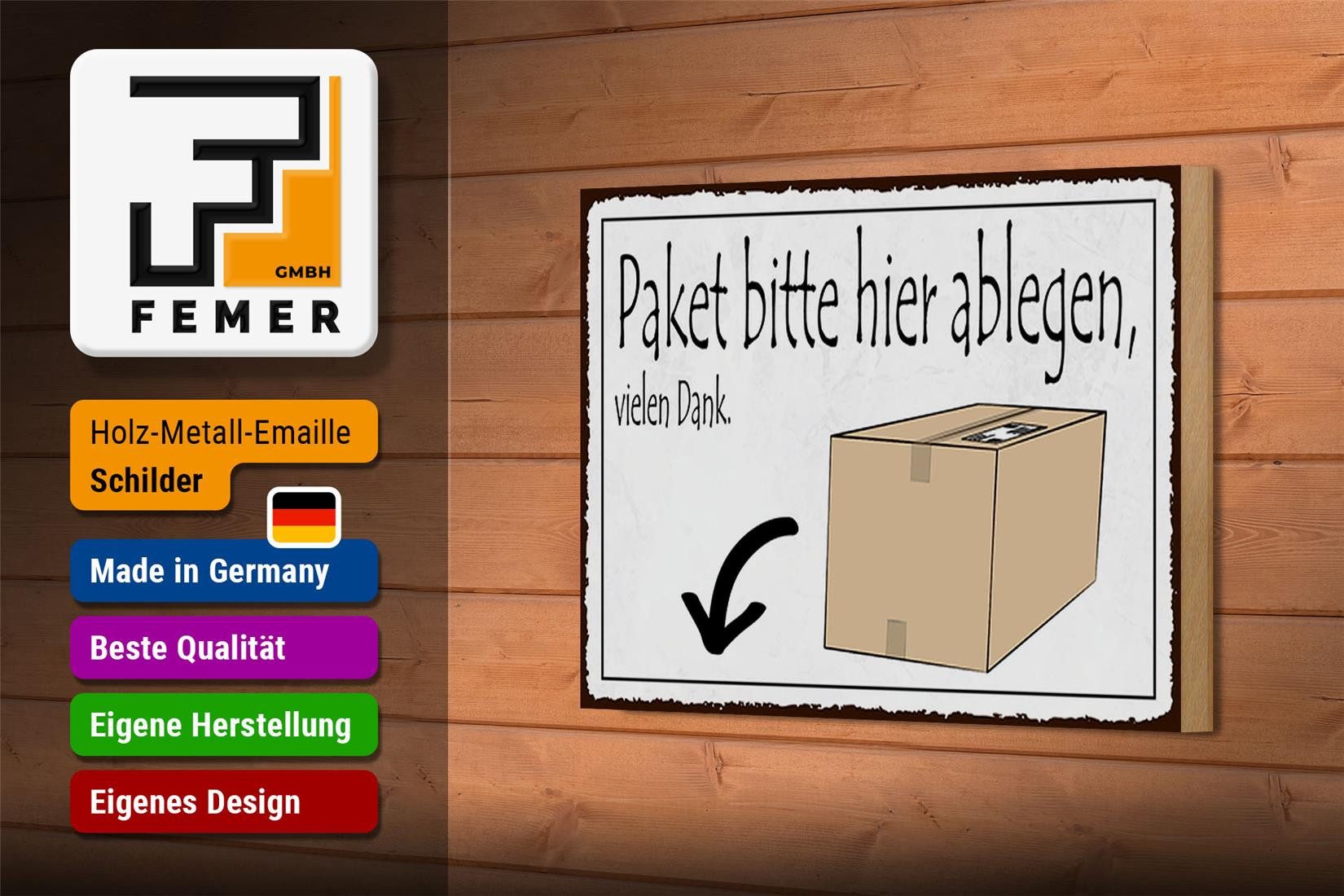 Femer GmbH Holzbild Spruch 18x12 cm Paket bitte hier ablegen vielen Dank, Sprüche Zitate Lustiges (1 St), Glatte Holzfaserplatte (MDF), vorn beschichtet