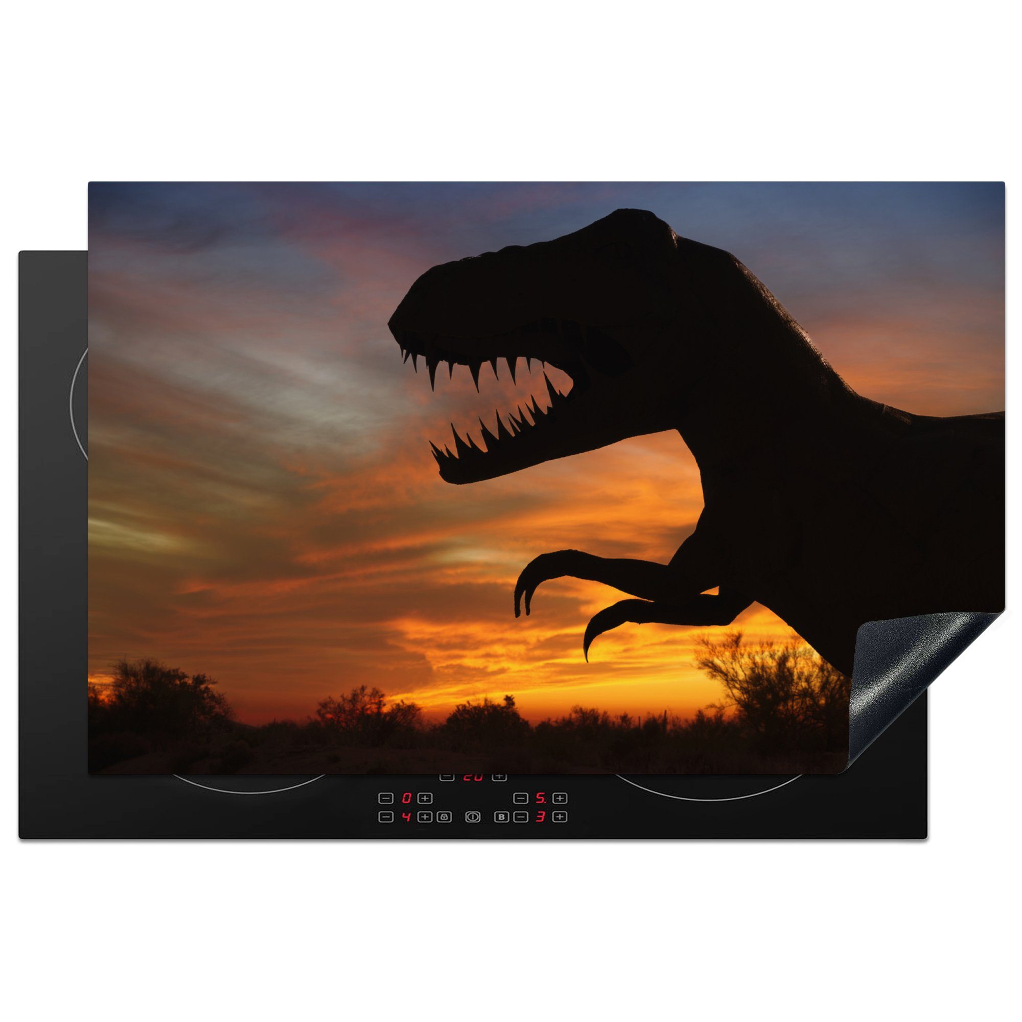 MuchoWow Herdblende-/Abdeckplatte Scherenschnitt - Dinosaurier - Sonne, Vinyl, (1 tlg), 81x52 cm, Induktionskochfeld Schutz für die küche, Ceranfeldabdeckung