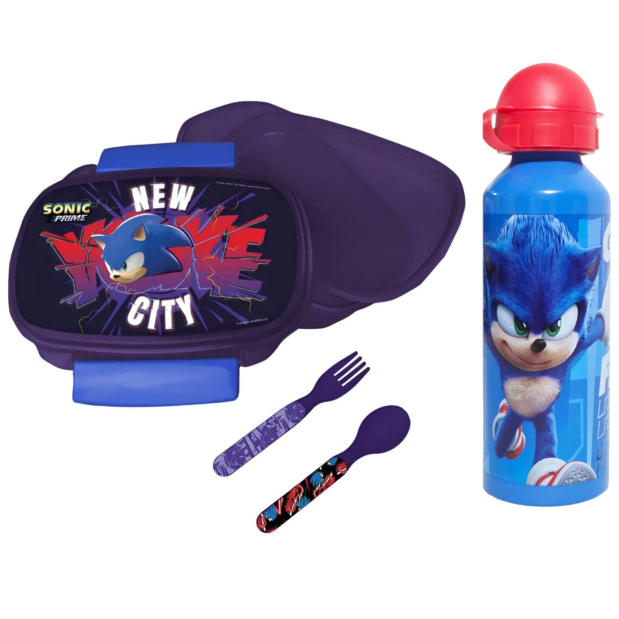 Sonic The Hedgehog Lunchbox Sonic the Hedgehog 4 teiliges Set Brotdose Besteck Alu-Trinkflasche, (4-tlg., Spar-Set), 520 ml