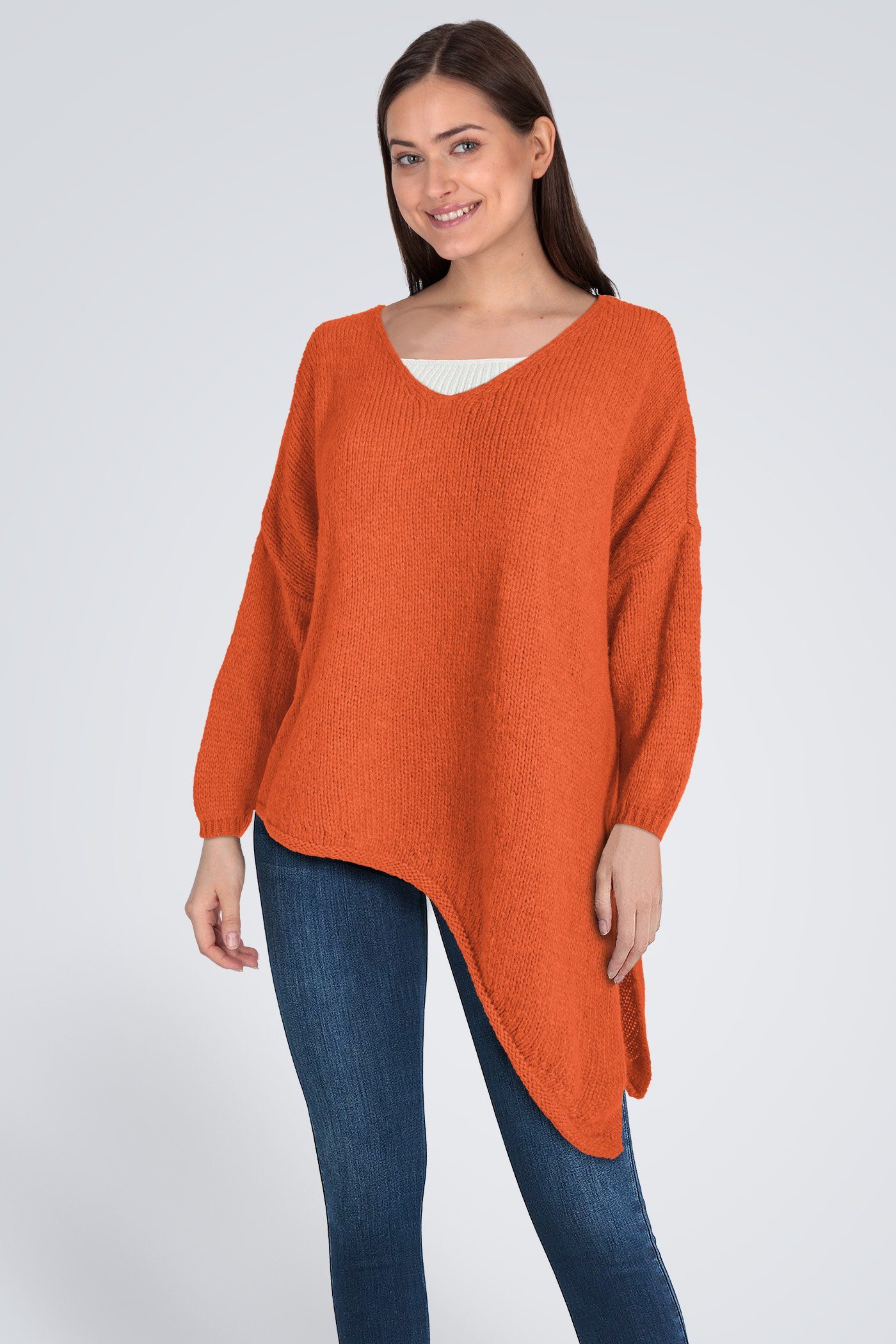 PEKIVESSA Strickpullover Asymmetrischer Grobstrick-Pullover oversized Damen (1-tlg) V-Ausschnitt langarm orange