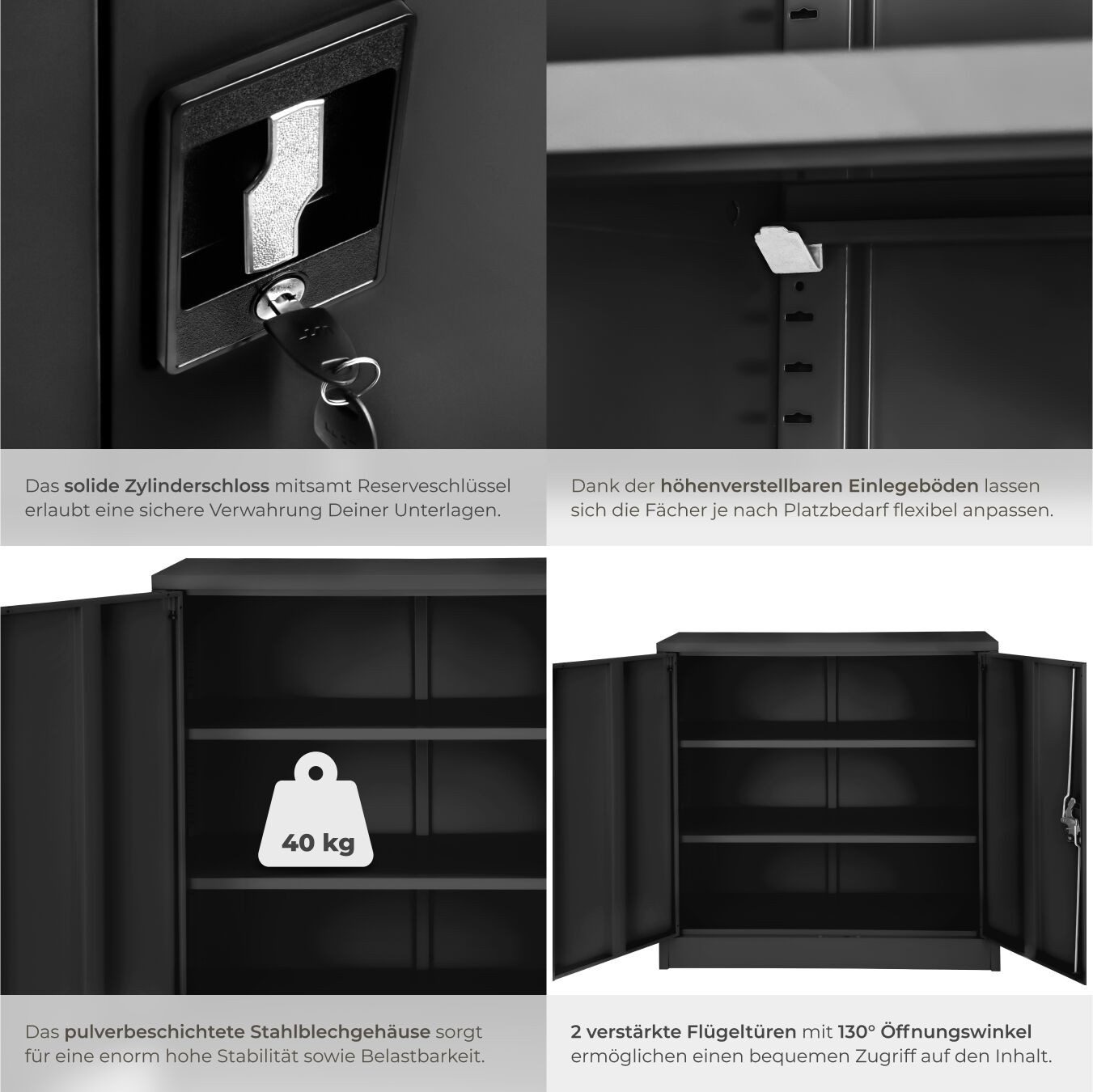 tectake Aktenschrank Büroschrank mit 3 Böden, abschließbar, 90x40x90 cm (Komplettset, 1-St., 1-St., inkl. Schlüssel) aus pulverbeschichtetem Stahl – Bild 5 von 5