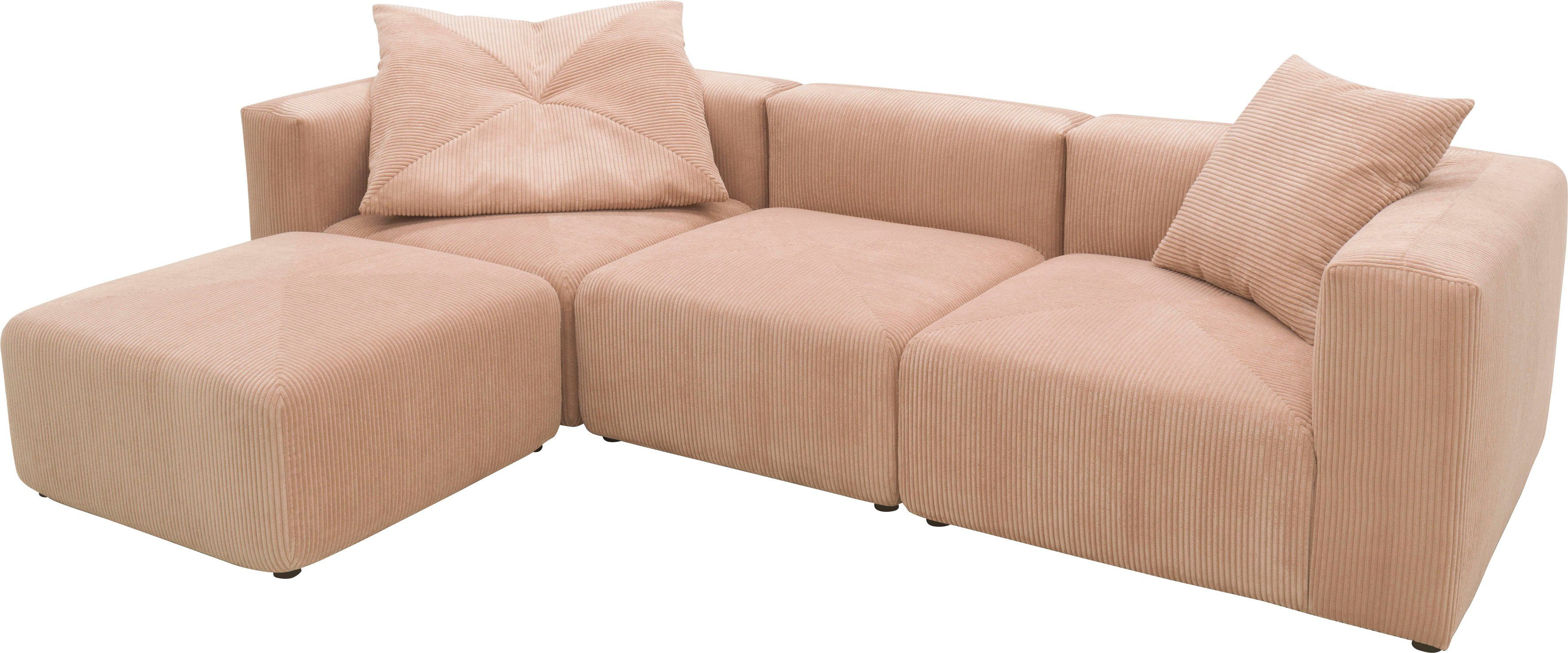 RAUM.ID Ecksofa aus Eck- + rose Cord-Bezug, Gerrid, und Hocker bestehend Modulsofa, Mittelelement