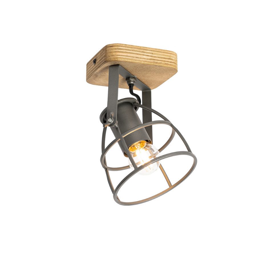 Qazqa LED Aufbaustrahler Arthur, ohne Leuchtmittel, E27, Dunkelgrau, Industrie, Holz, 1-flammig